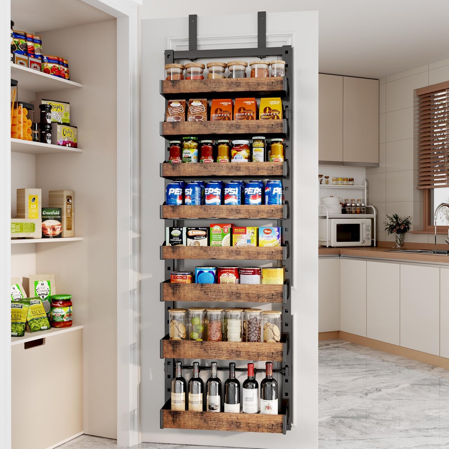 8-Tier Over The Door Pantry Organizer, Heavy-Duty Metal Wall Mount or Hanging Spice Rack, behind the door storage Shelves with Adjustable Basket, Back of Door Organizer for Kitchen Cabinet and Closet
