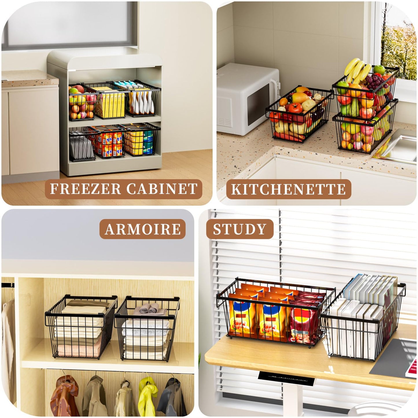 ANJUBAN Enhanced Leak-Proof Bottom - Freezer Organizer Bins ，6 Pack Stackable Deep Freezer Organizer Bins for 7 Cu.FT Small Chest Freezer，organization and storage，pantry organizers(6 Pack-black)