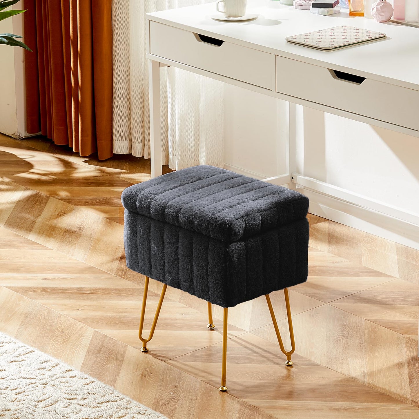 DUMOS Vanity Stool Chair, Ottoman with Storage, Makeup Cute Soft Small Footstool, Modern Style Faux Fur Seat with 4 Metal Legs & Adjustable Feet for Dressing, Living Room, Bedroom, Dorm, Black