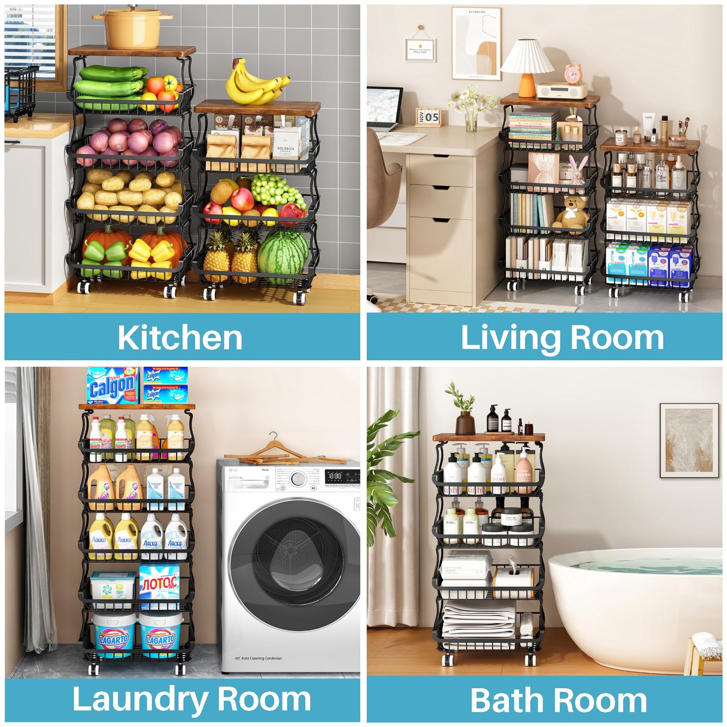 4 Tier Vegetable Fruit Basket for Kitchen, Stackable Metal Fruit and Vegetable Storage Baskets with Rolling Wheels Cart, Fruteros Para Cocina Potato and Onion Bin Pantry Kitchen Island Cart Counter
