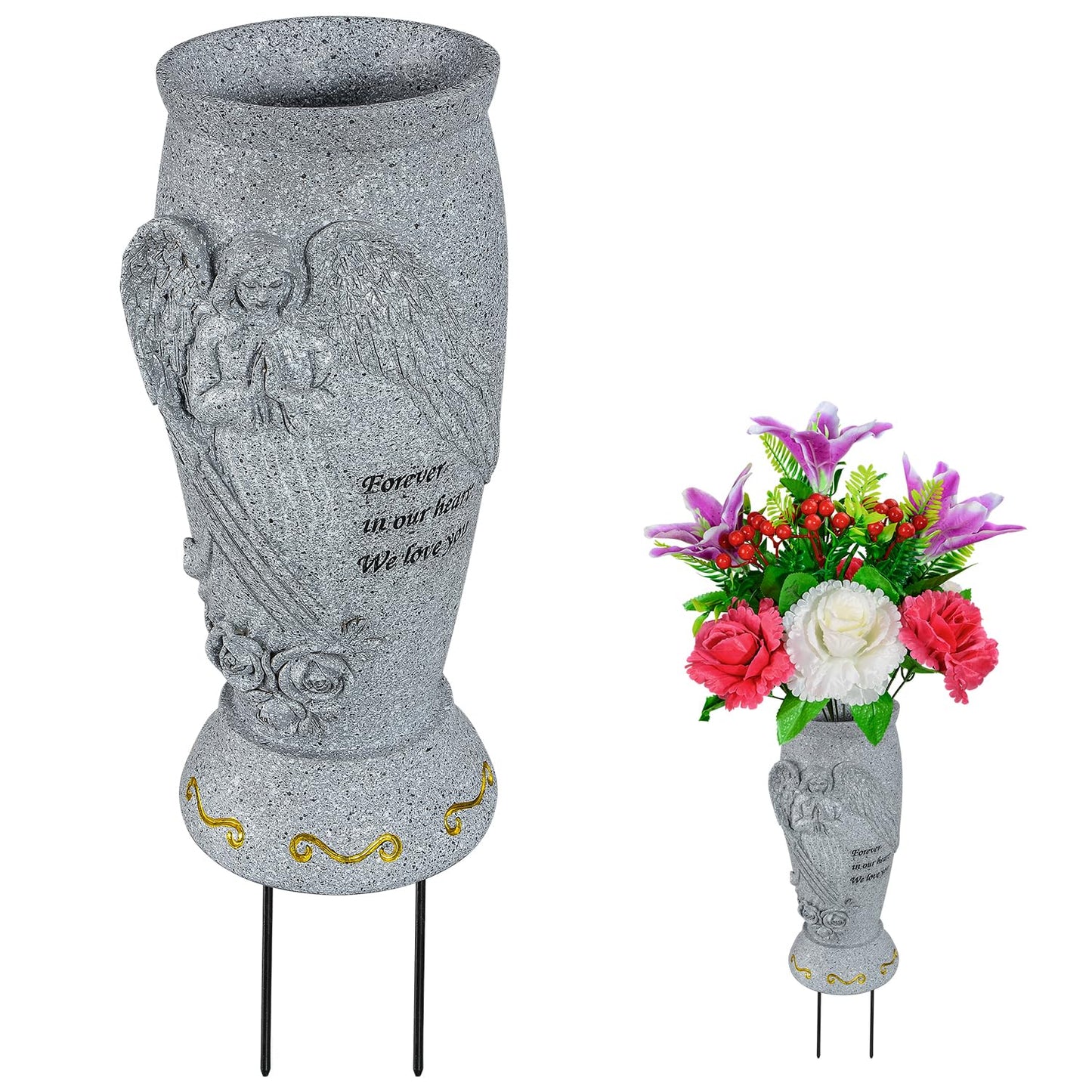 Cemetery Vase, Memorial Grave Vase with Ground Spikes, Angel Vases for Artificial Flowers, Grave Flowers Holder for Cemetery Headstone (2Pcs, Flowers are NOT Included)