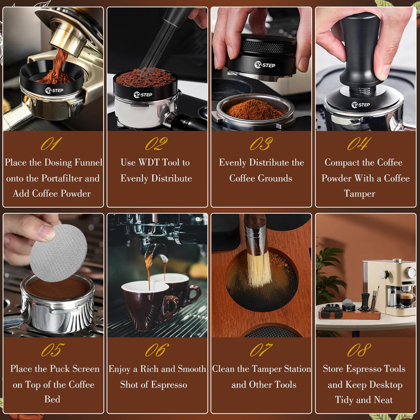 Y-Step 8 Pcs Espresso Accessories Kit, 51mm Espresso Tamper Kit Espresso Tools Barista Kit & Espresso Tamping Station, with 51mm Coffee Tamper, Distributor, WDT Tool, Dosing Funnel, Puck Screen, Brush