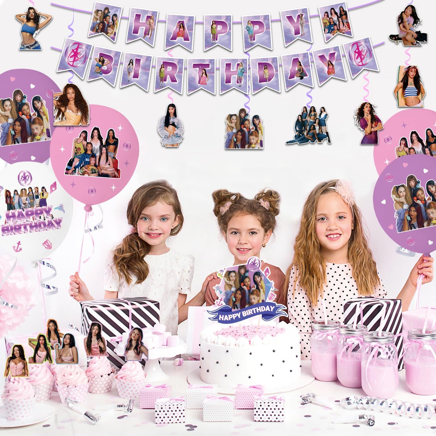 Birthday Party Decorations, Purple Pink Party Supplies Set with Happy Birthday Banner, Backdrop, Balloons, Hanging Swirls Cake Toppers and Cupcake Toppers for Fans Birthday Party