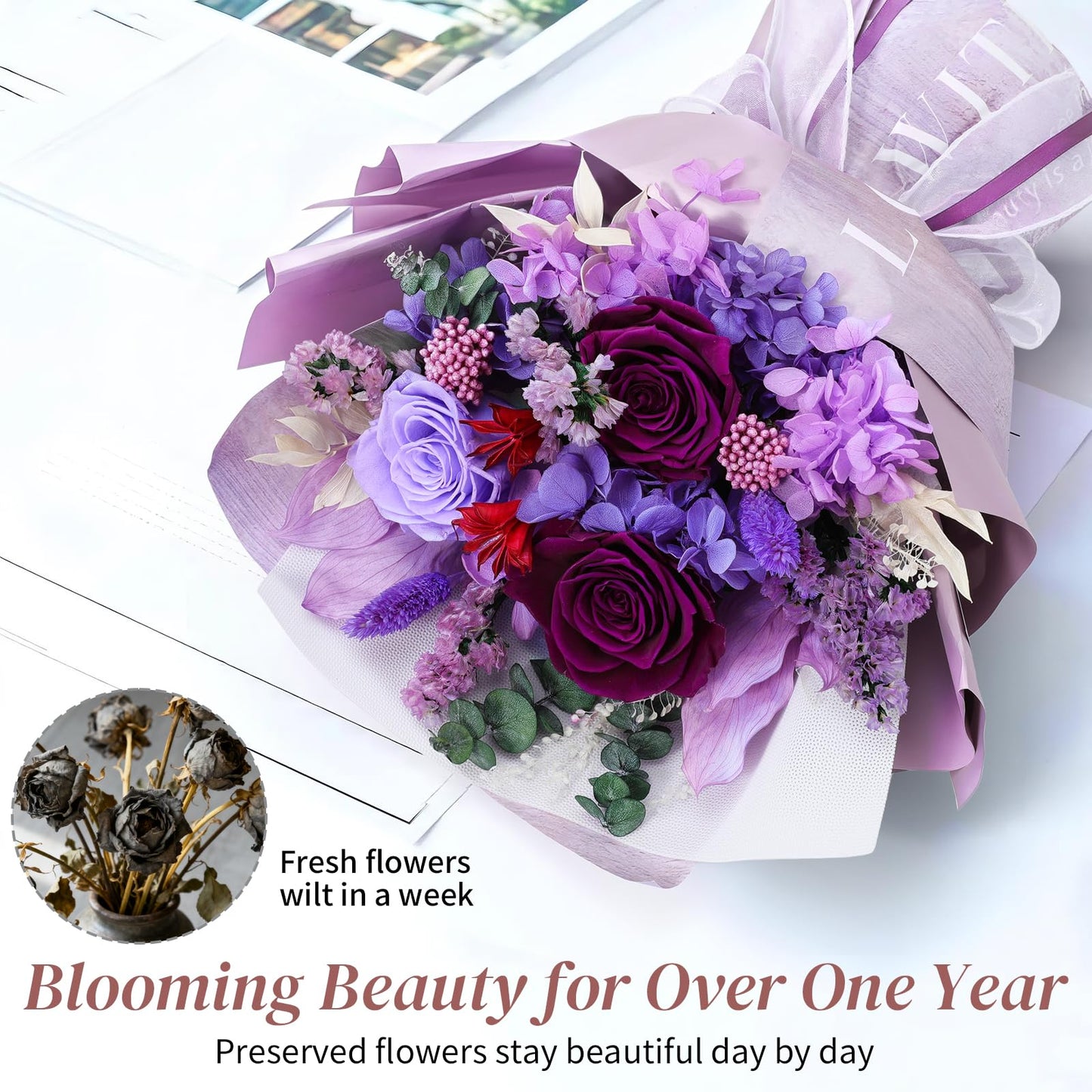 Lewondr Flower for Delivery, Preserved Flowers Bouquet, Purple Roses Bouquet, Real Long-Lasting Forever Birthday Flowers Gifts for Mom Grandma Women Mothers Day Anniversary Christmas, Purple