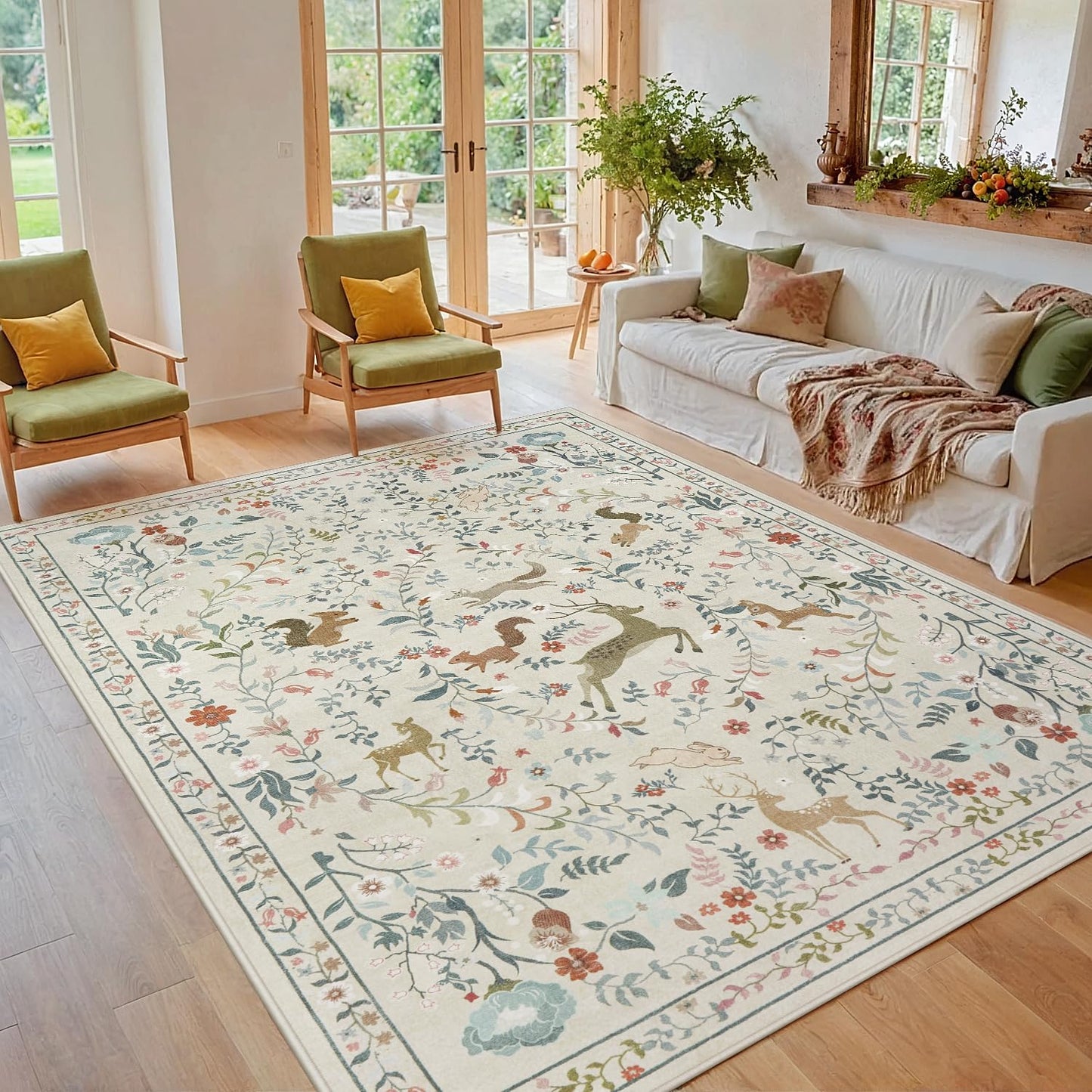5x7 Area Rugs Washable Rug: Lagre Boho Living Room Rug Soft Non-Slip Thin Carpet Indoor Floor Non-Shedding Neutral Floral Carpets for Bedroom Dining Room Farmhouse Nursery Beige Animal