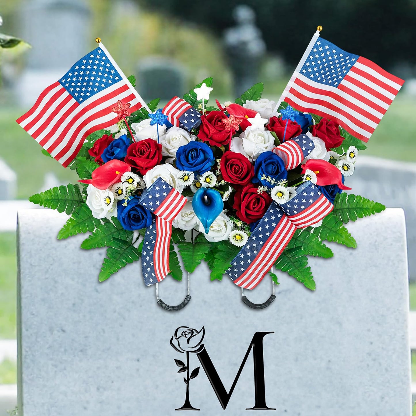 Memobloom Memorial Day Decorations for Cemetery: Patriotic Red White Blue Headstone Flower Saddle - Outdoor Artificial Velet Roses Cemetery Flowers for Grave with Flags for 250th Birthday of America