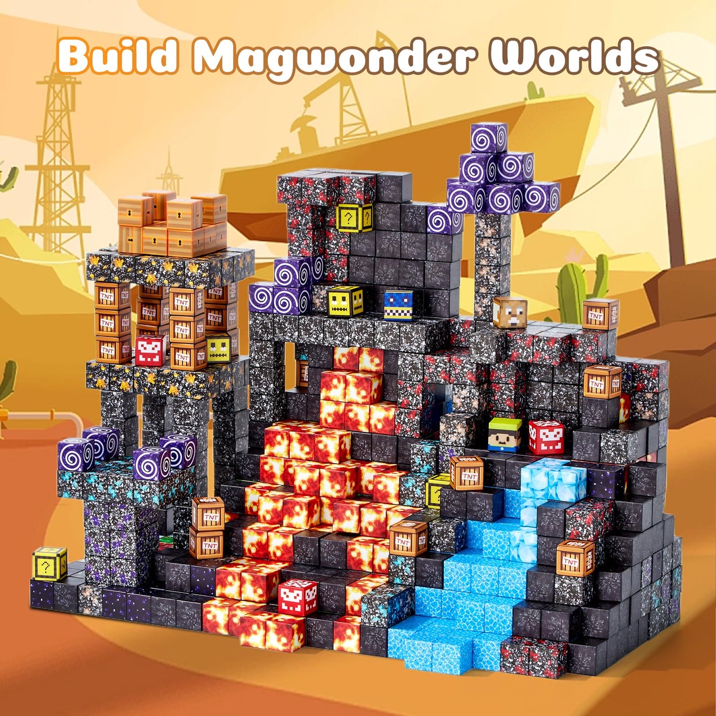 Magnetic Blocks, 150-Piece Magnetic Building Blocks, Volcano Theme 1-Inch Montessori STEM Stacking Magnet Blocks for Boys Girls Ages 3+, Educational Sensory Toys for Kids Christmas Birthday Gifts