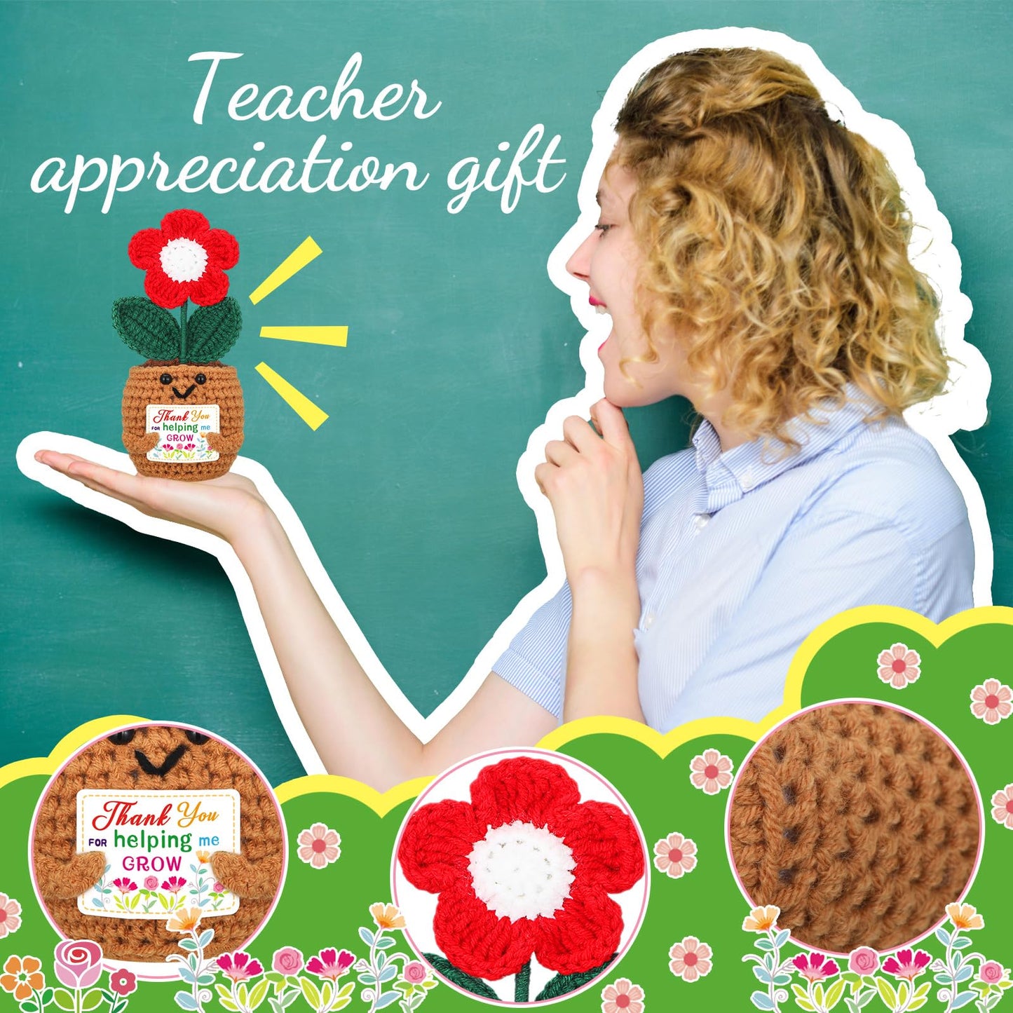 Wavwavw 6 Pcs Teacher Appreciation Gift in Bulk Thank You for Helping Me Grow Teacher Thank You Gift Sunflower Crochet Doll with Card for Graduation Birthday from Students