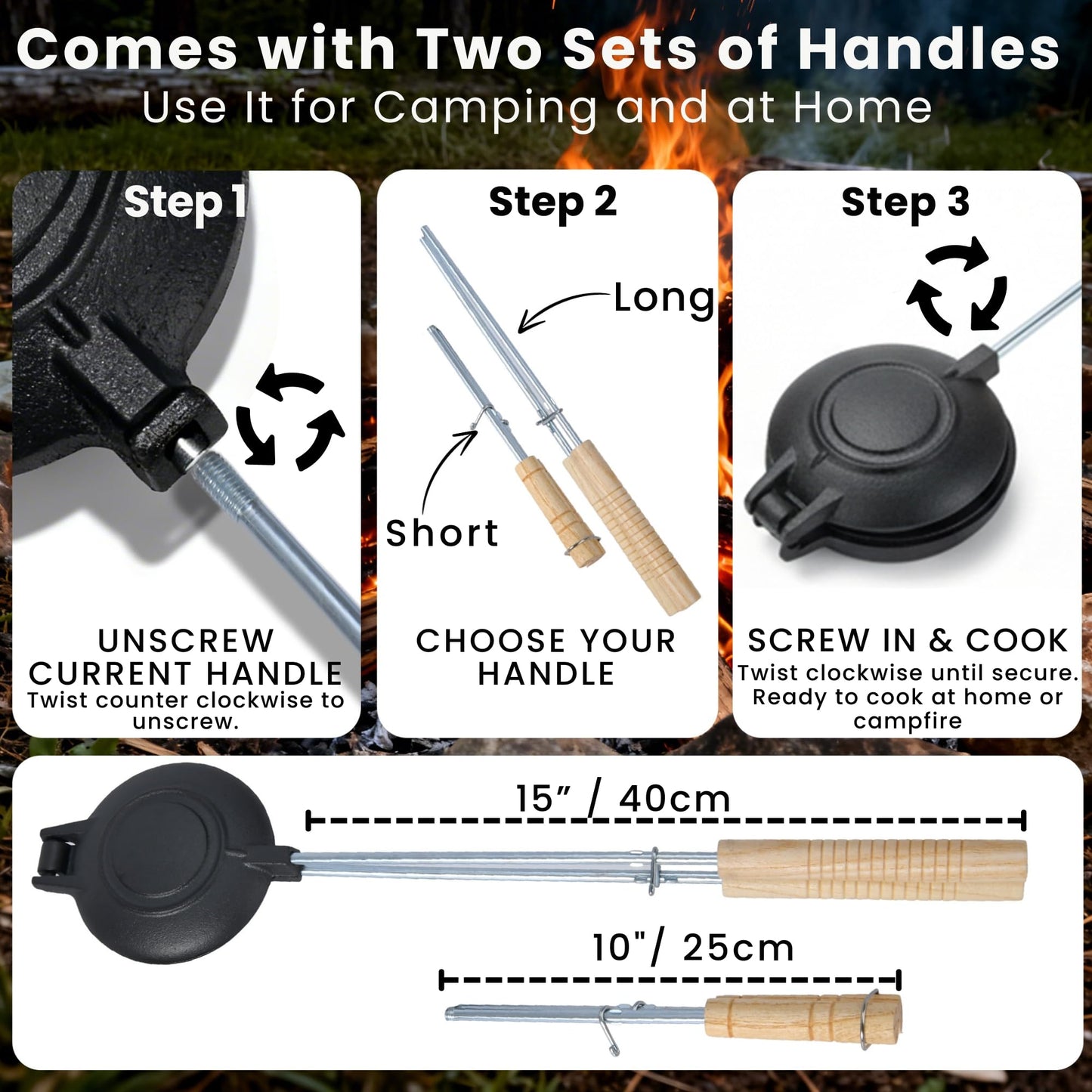 Cast Iron Sandwich Maker with Swappable Handles (10" & 15") also Ideal as Disquera De Pan Cubano Redondo | High Quality Hobo Pie Maker for Camping to Make Tasty Sandwiches
