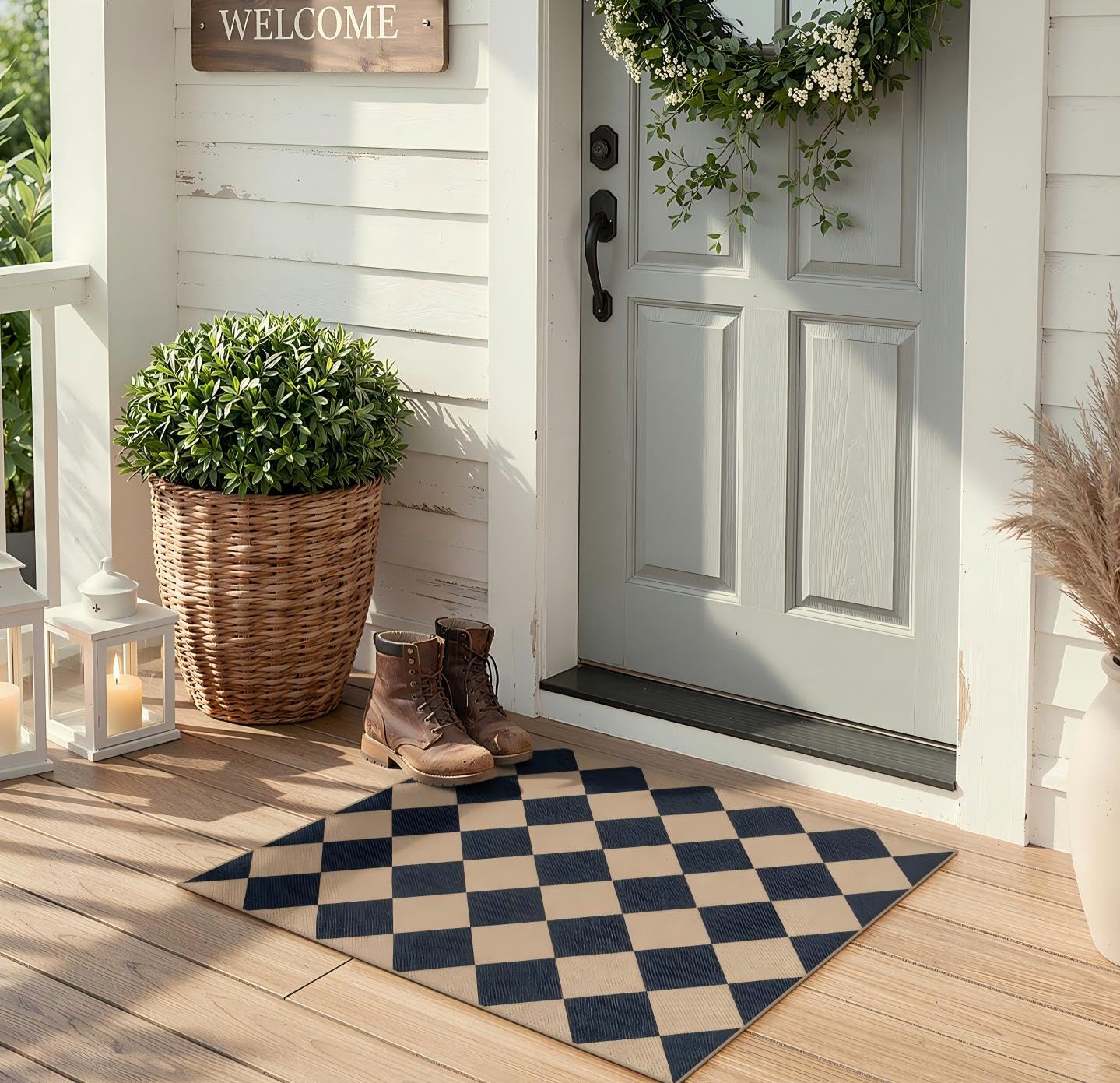 Lahome Colette Checkered Easy Jute Kitchen Rug, 2x3 Front Door Mat Non Slip Washable Neutral Area Rug, Farmhouse Diamond Non Shedding Low Pile Floor Carpet for Entryway Porch Doorway