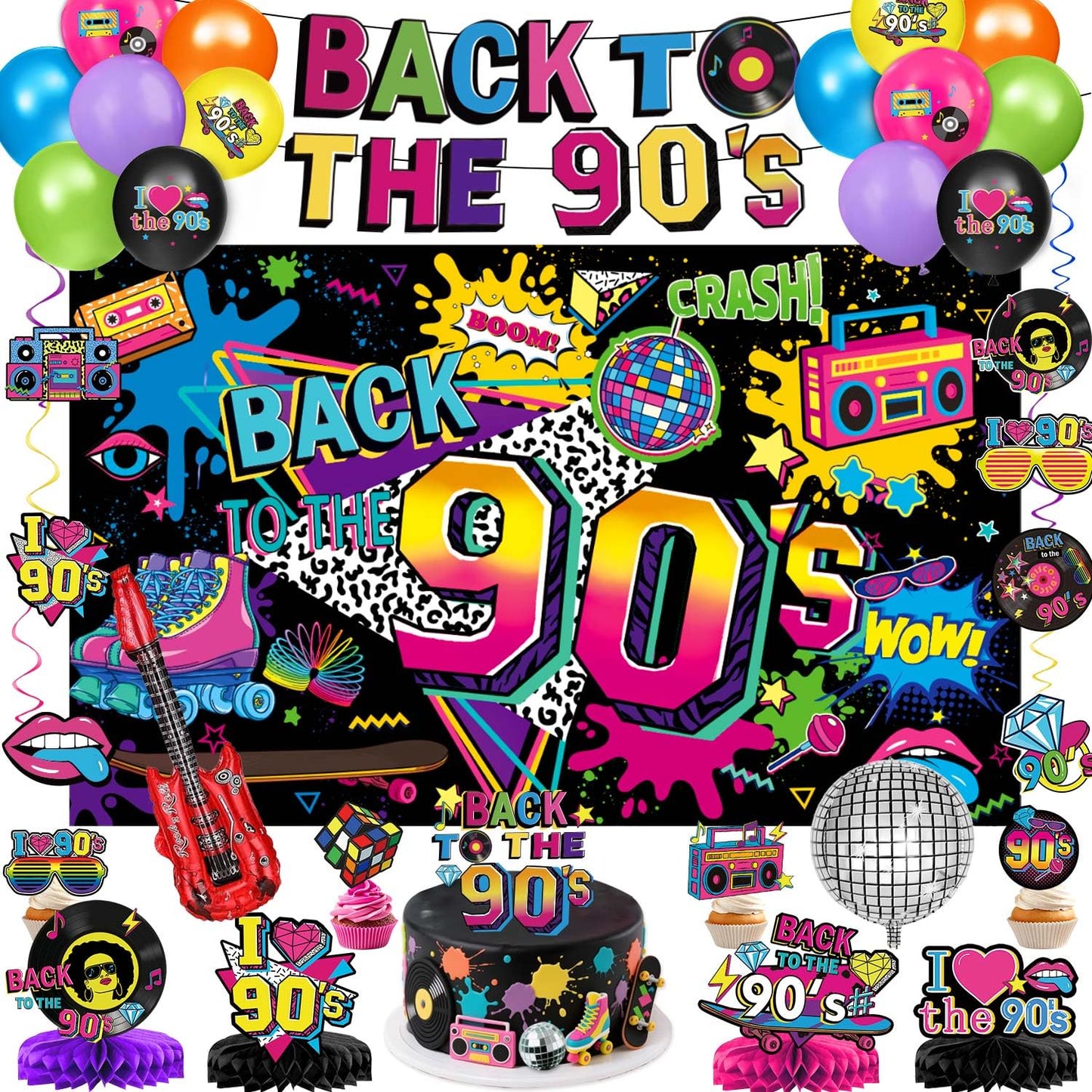 90s Party Decorations Includes 90's Backdrop, Foil & Latex Balloons, Cake & Cupcake Toppers, Honeycomb Centerpieces Banner, Hanging Swirls for 80s 90s Party Decorations