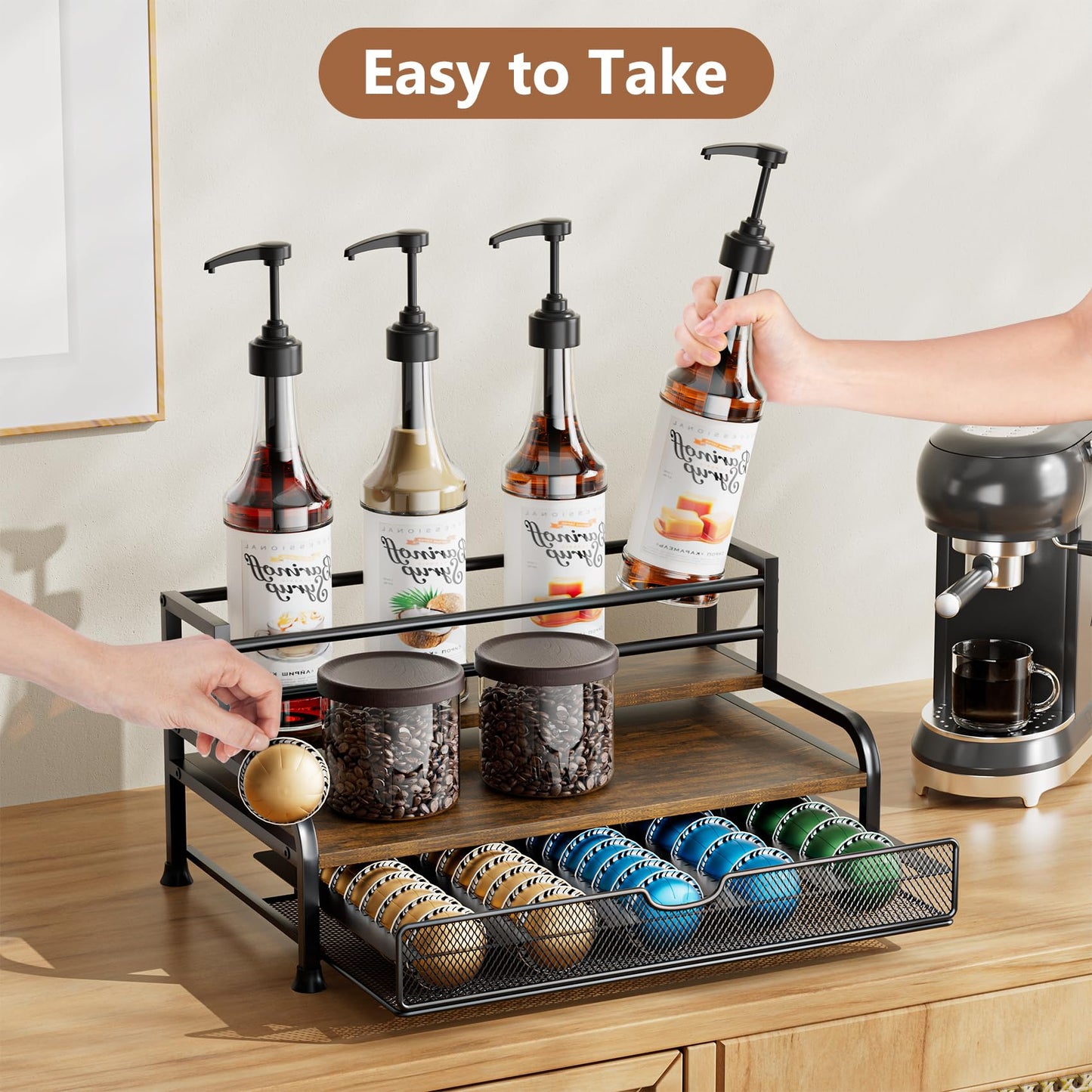 Coffee Syrup Rack Organizer, 3-Tier 8 Bottles Syrup Rack with Pod Holder Drawer for Nespresso Pods, Holds up to 30 Big or 40 Small Capsules, Countertop Coffee Bar Organizer for Kitchen Cafe
