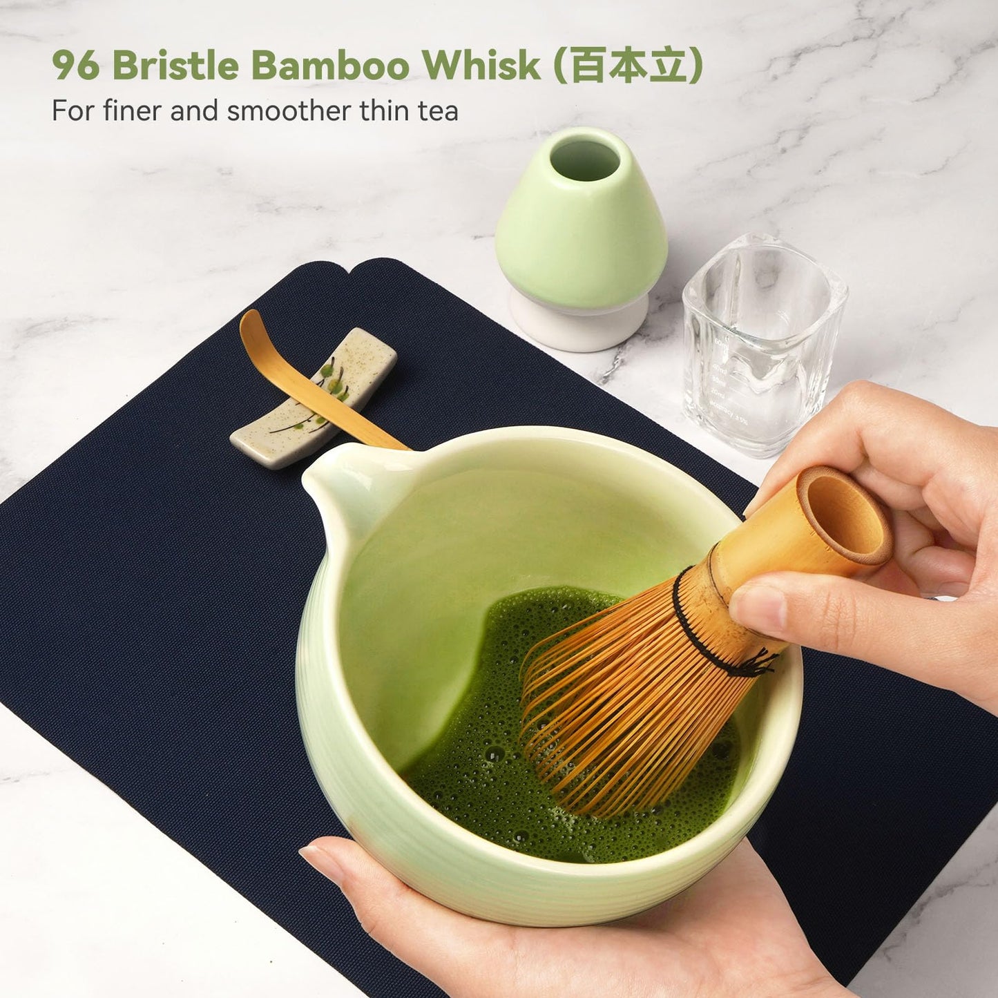 Joiish Matcha Whisk Set, Matcha Kit 10-Pcs, Bamboo Whisk and Ceramic Bowl with Spout & Measuring Spoon & Cup, Japanese Ceremony Matcha Tea Powder Making Tools, Light Green