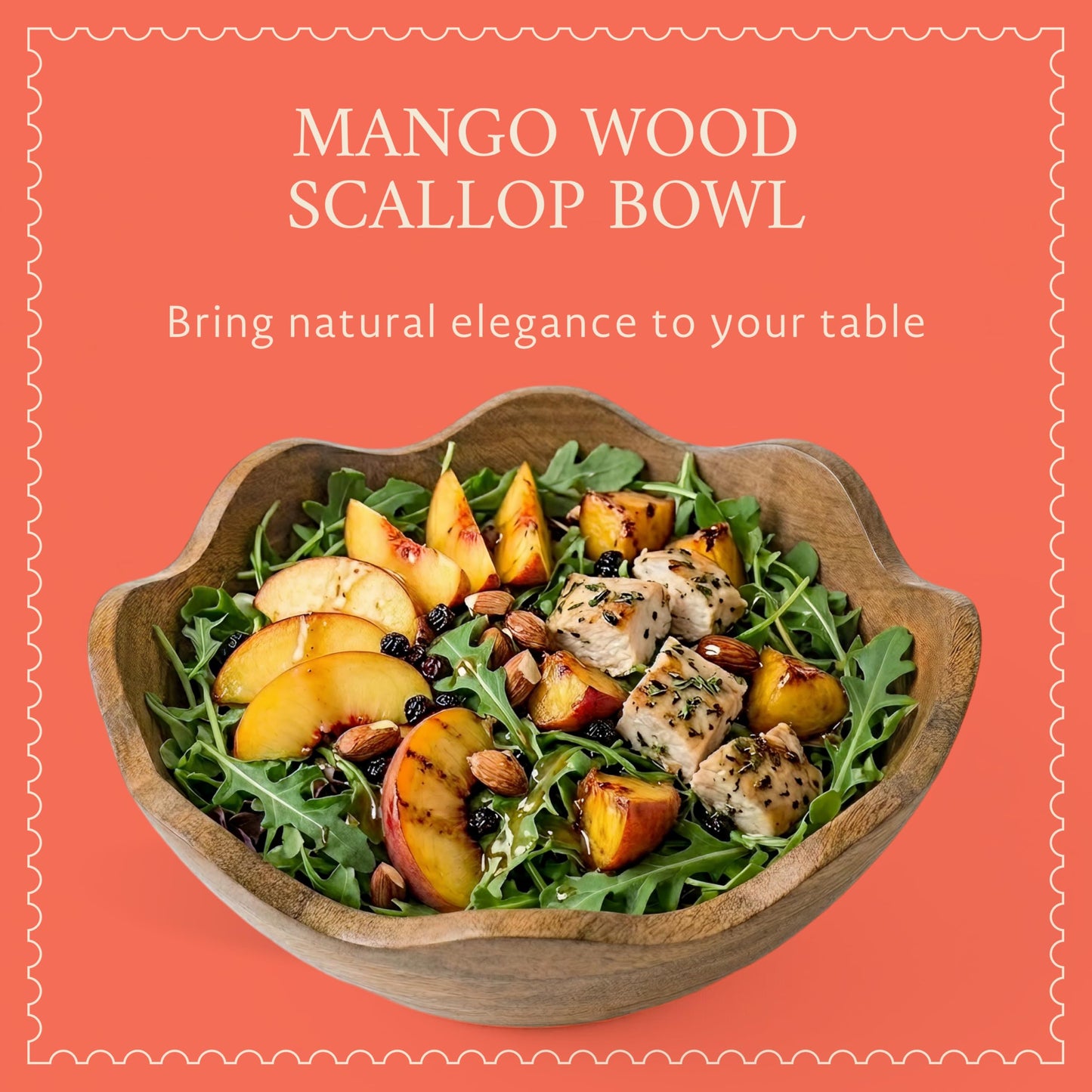 Mela Artisans 12 in Wide x 4 in Tall Scalloped Mango Wood Bowl – Hand-Carved Decorative Serving and Fruit Bowl with Visible Wood Grain for Kitchen Counter, Snacks, Bread and Home Decor