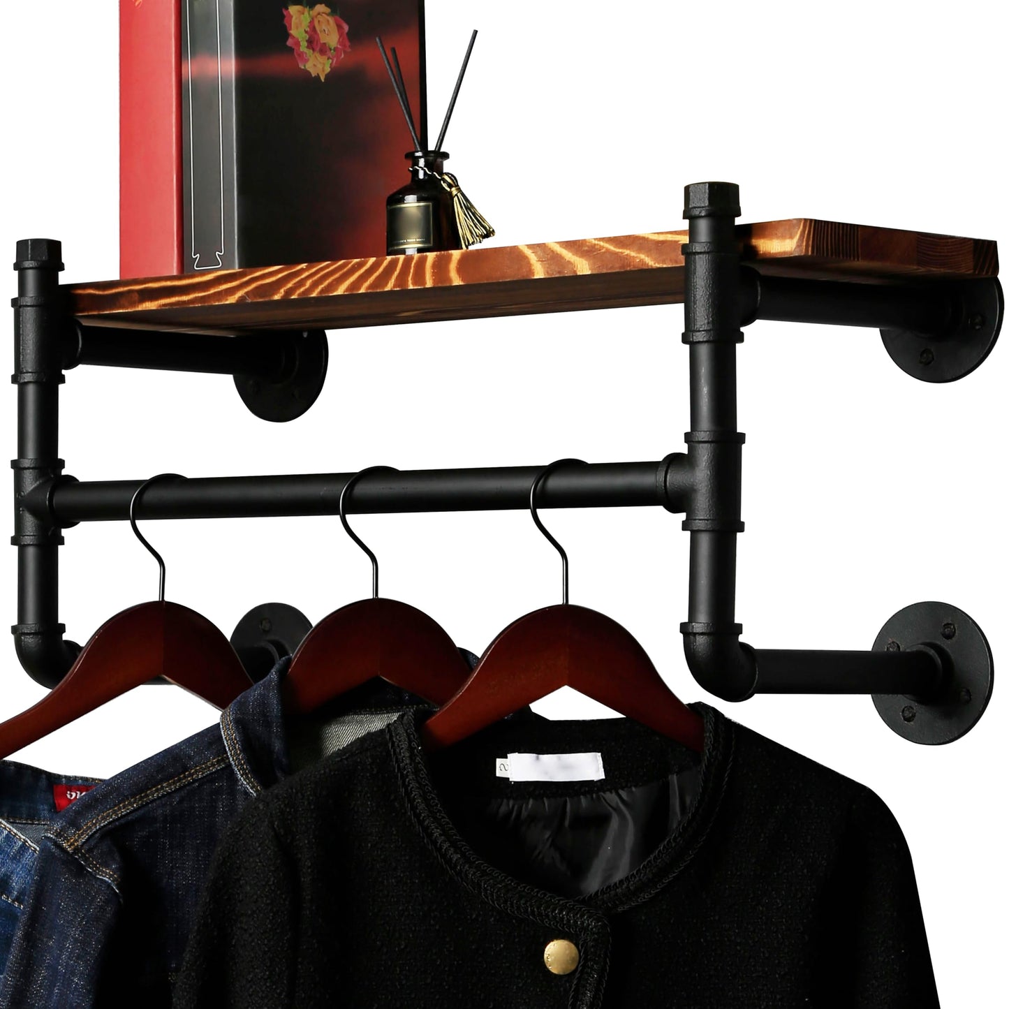 WEBI Wall Mounted Clothes Rack with Shelf,24" Industrial Pipe Clothing Rack with Shelves,Heavy Duty Iron Garment Bar,Retail Display Clothes Rod for Laundry Room,Black