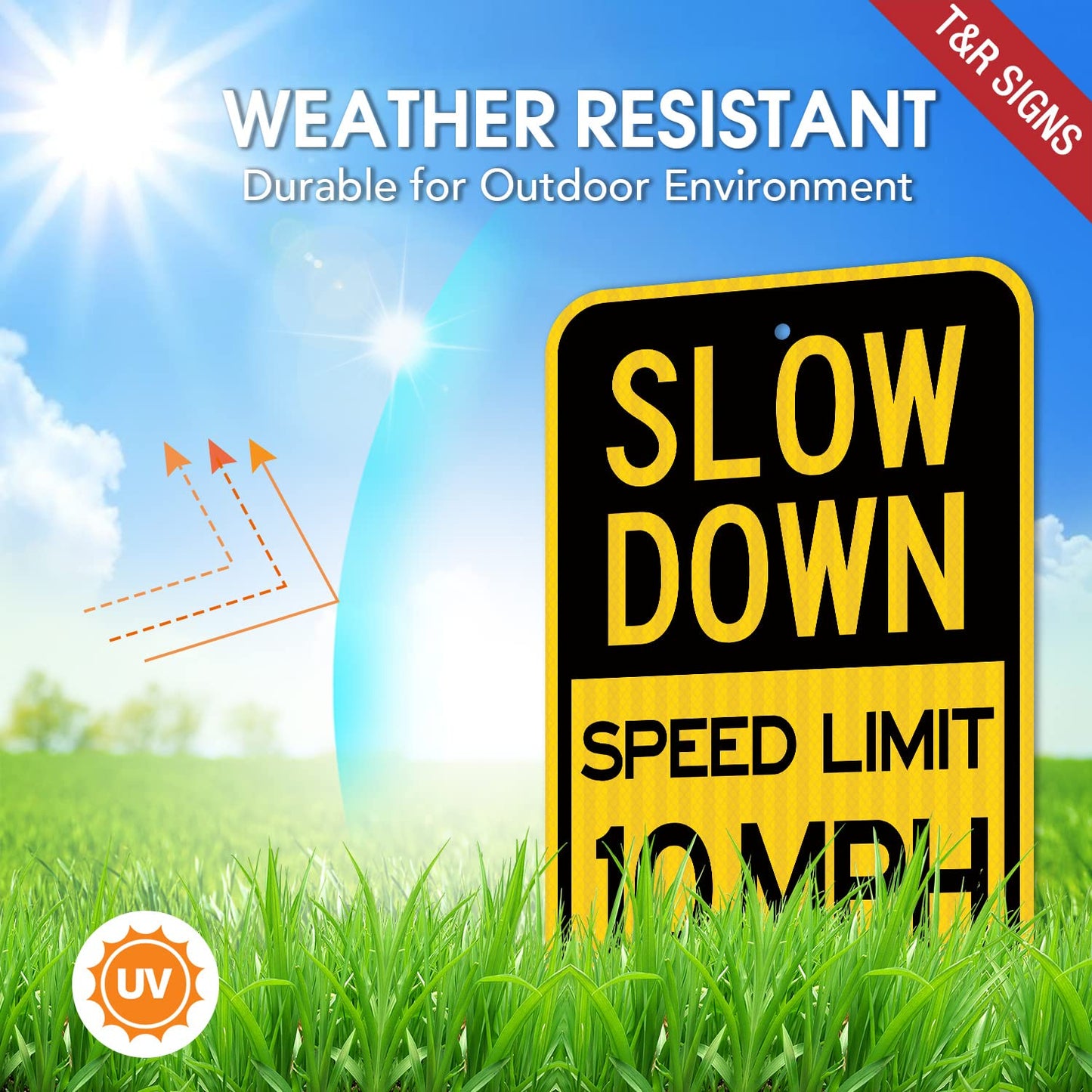 (4 Pack) Slow Down Speed Limit 10 MPH Sign, Slow Down Sign, 18" x 12" Engineer Grade Reflective Sheeting, Rust Free Aluminum, Weather Resistant, Waterproof, Fade Resistant, 2 Pre-drilled Holes