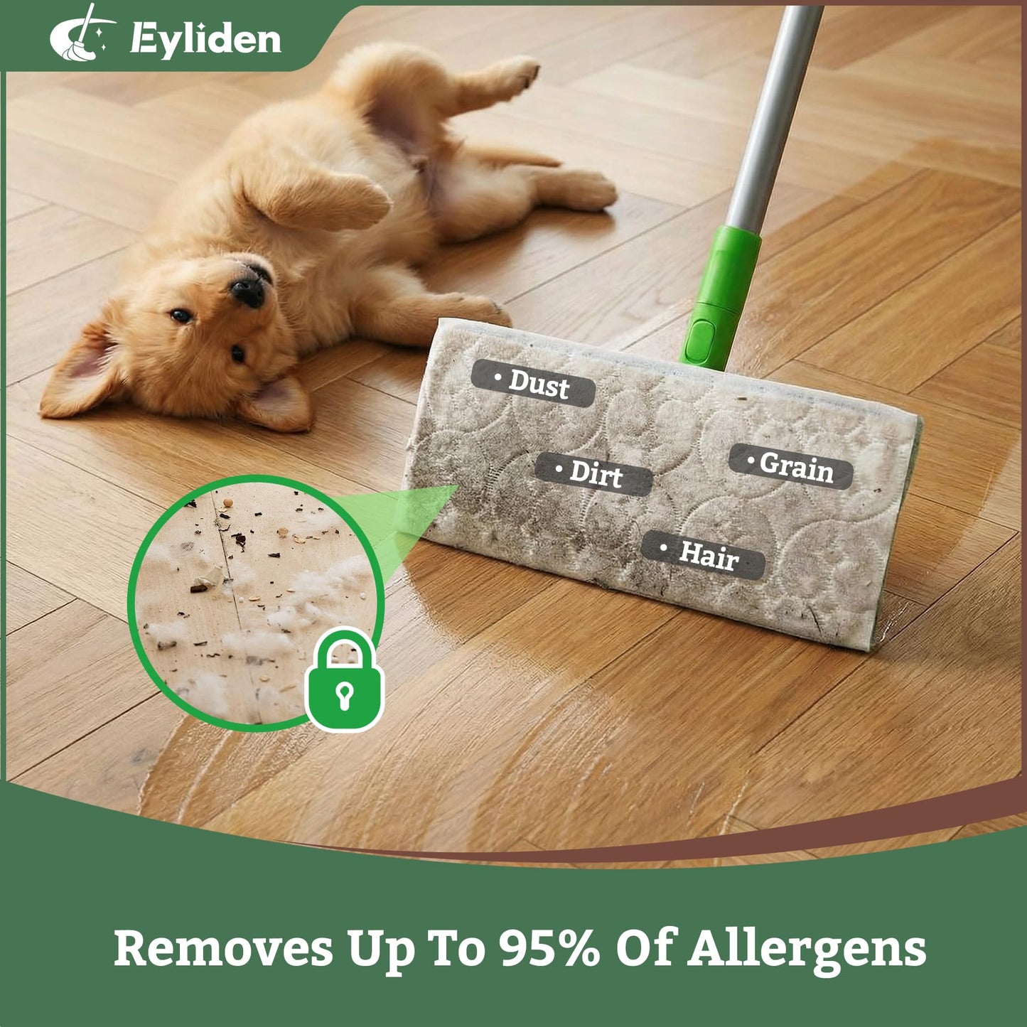Eyliden Sweeper Mop with 36 Refills - 3 Types of Disposable Dry & Wet Cloths | Lock-Tight Design No Lost Pads, Universal Refills, Multi-Surface Sweeping Starter Kit for Pet Hair, Dust, Floor Cleaning
