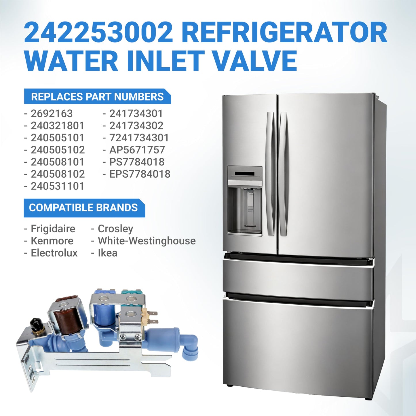 BlueStars 242253002 Refrigerator Water Inlet Valve - Compatible with Frigidaire Electrolux Kenmore Crosley Refrigerators - Replaces 242102201 2689640 AP5669874 PS7321353 EAP7321353