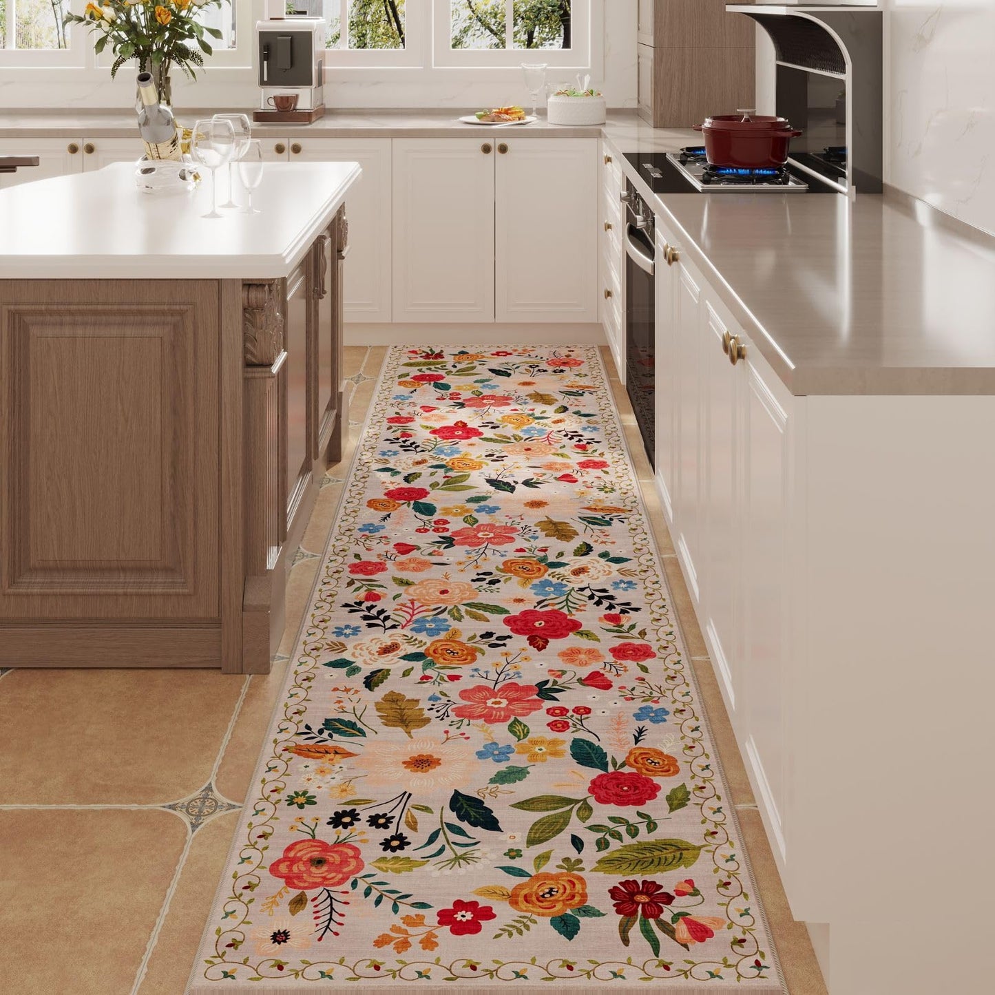 Rugcomf Long Hallway Runner Rug 2'7"x14' - Floral Washable Non Slip Boho Carpet for Kitchen, Entryway, Hall, Bathroom - Beige