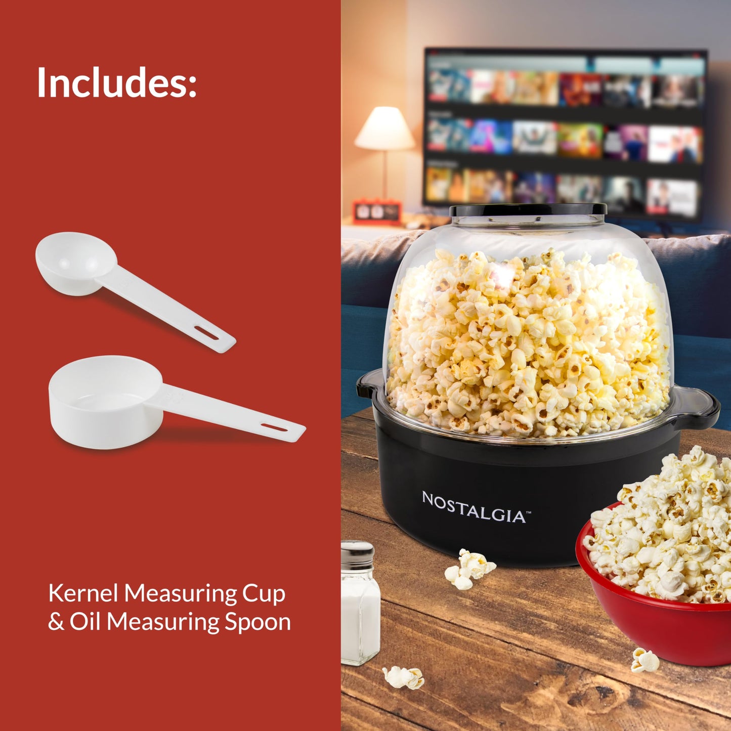 Nostalgia Classic Electric Stirring Popcorn Maker, Makes 8 Cups, Large Lid Doubles as Serving Bowl, Quick Heat Technology, for Kettle Corn and Roasted Nuts, Black
