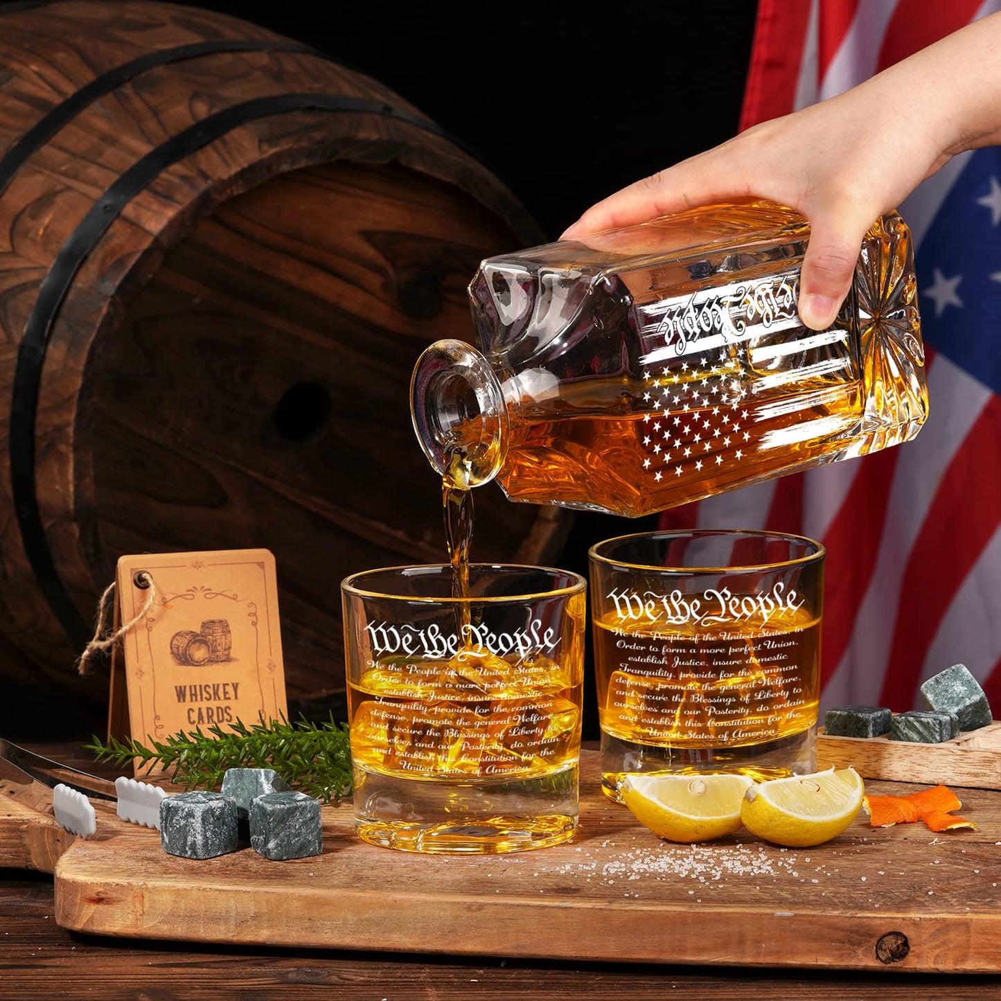 PONPUR Whiskey Decanter Engraved We The People American Flag, 750ml Whiskey Decanter Set with 2 Glasses, Fathers Day Patriotic Birthday Gifts For Men Dad, Liquor Scotch Bourbon Presents