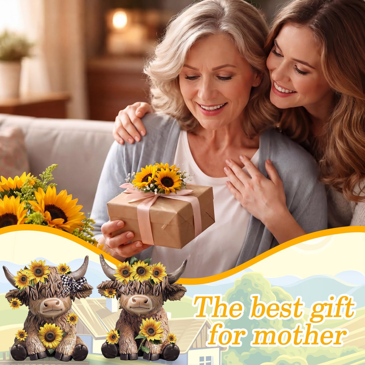 Wesiti 2 Pcs Summer Sunflower Highland Cow Figurines Gifts, Cute Highland Cow Statue Farmhouse Desk Decorations Resin Gnomes Scottish for Spring Home Garden Kitchen Office Decor