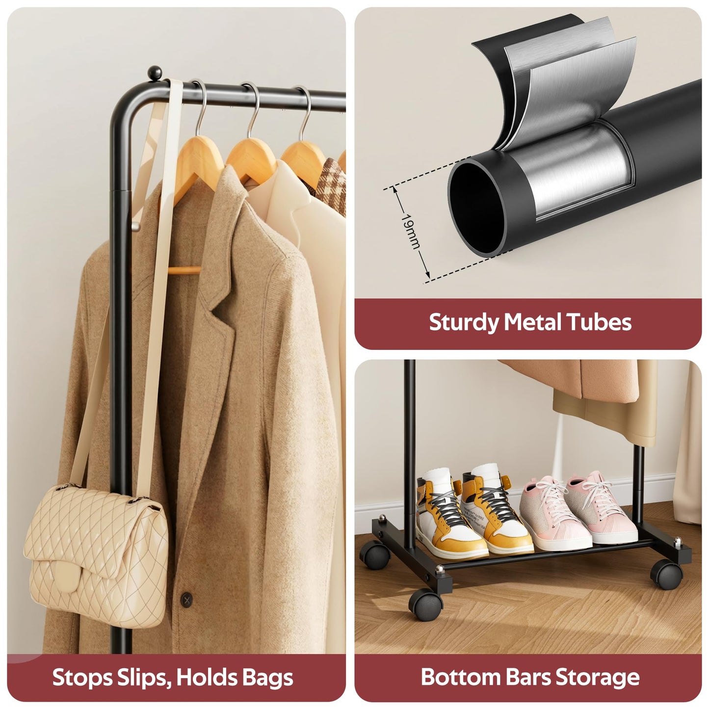KIMBORA Small Clothing Rack with Wheels, Portable Clothes Racks for Hanging Clothes, 56" Metal Rolling Garment Rack for Coats, Jackets, and Shirts, Black