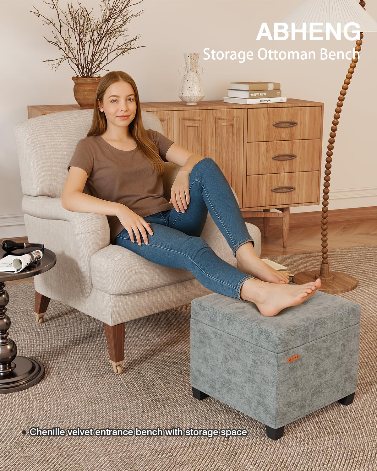 ABHENG Chenille Cover Steel Frame Ottoman with 48L Storage,17.7" x 17.7" x 17.7" Square Linen Storage Ottoman Stool Cube with Legs,for Dorm Livingroom Gray UASND641G