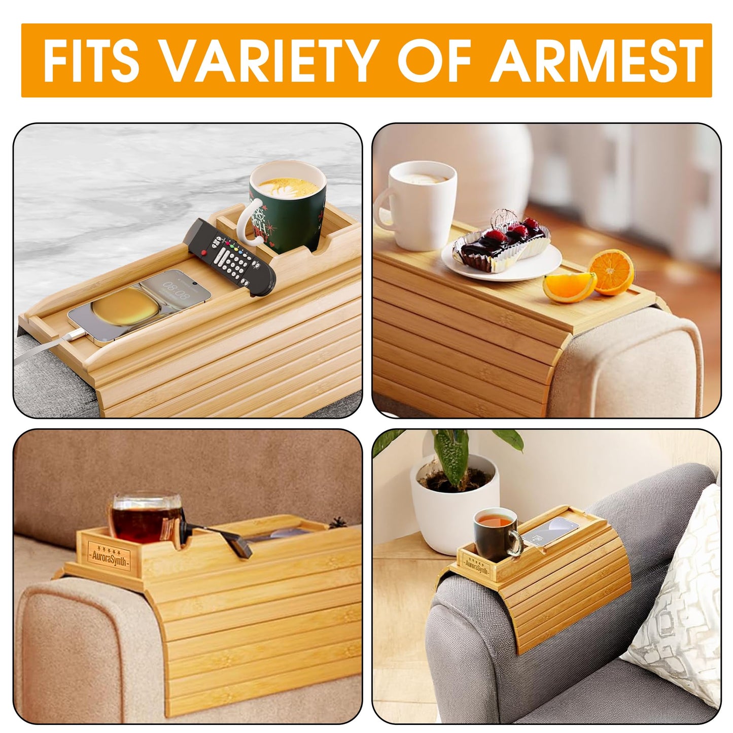 Bamboo Couch Cup Holder Tray with 2 Cork Coasters, Couch Arm Tray, 2 in 1 Anti-Slip Foldable Sofa Arm Tray, Couch Armrest Table, Anti-Spill Couch Arm Table for Drinks TV Remote Cellphone Snacks
