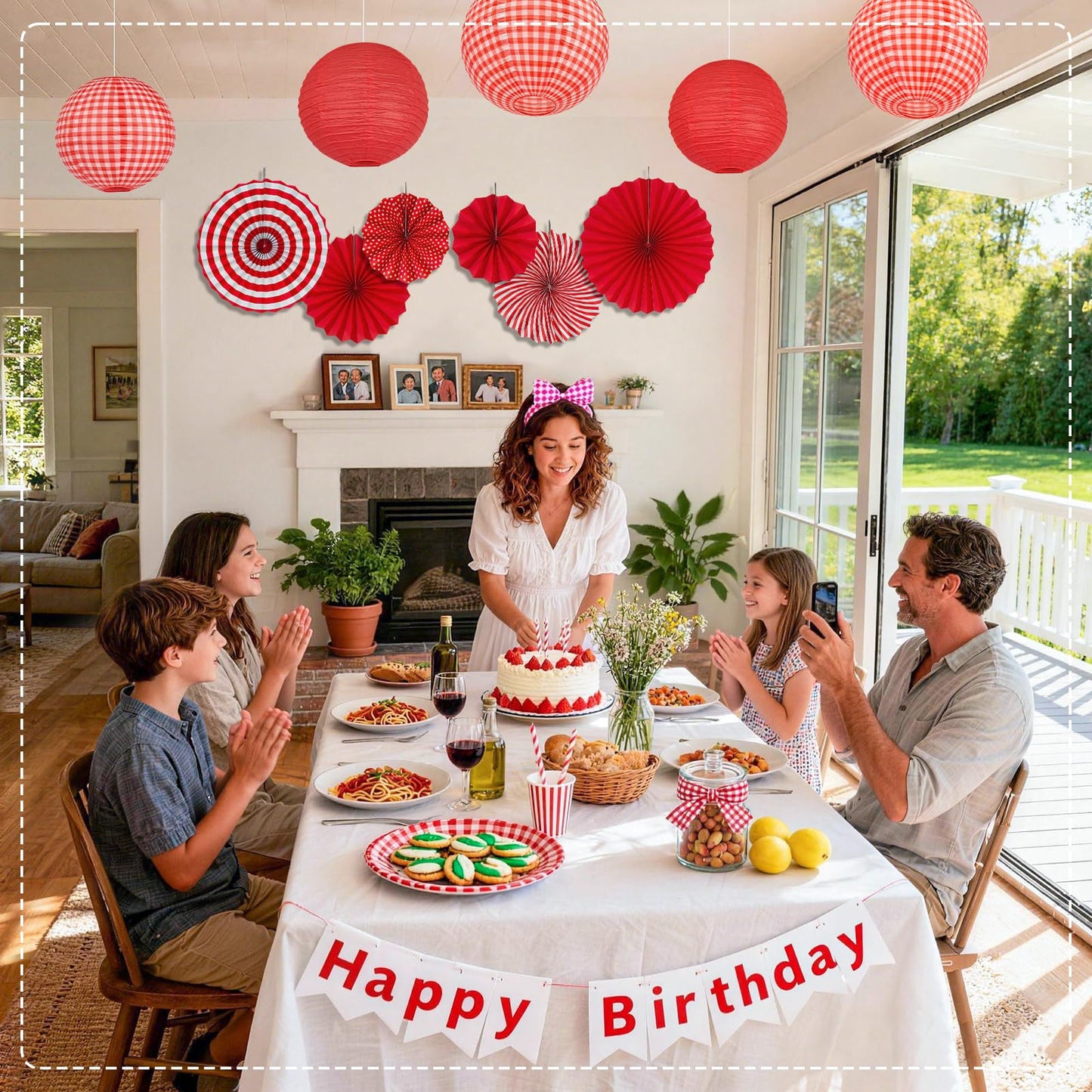 15 Pcs Red Gingham Party Decorations, 12 Inch Hanging Paper Lanterns and Fans for Picnic, BBQ, Pizza Party, Crawfish Boil, Birthday, Baby Shower, Graduation