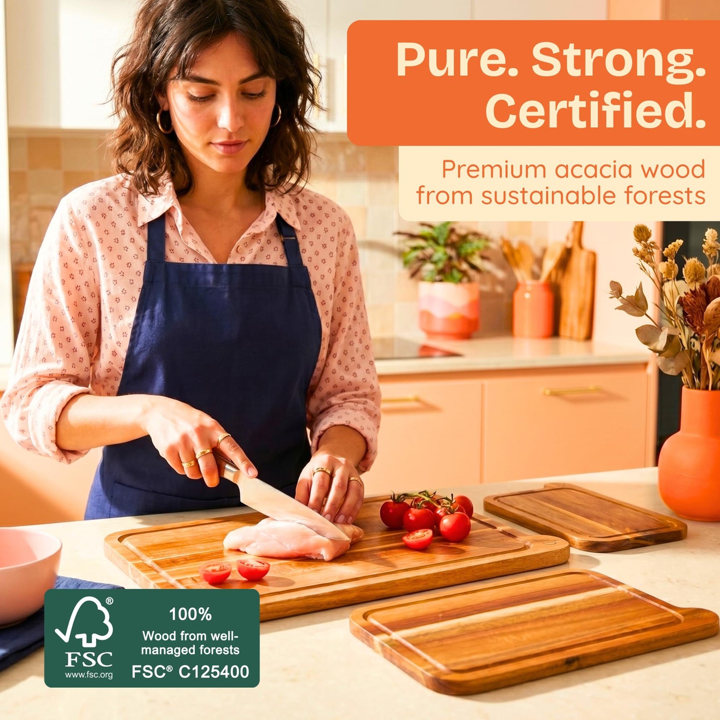 Non Toxic Cutting Boards - Cutting Board Set Free of Mineral Oil, Made of FSC Acacia Wood - Cutting Boards for Kitchen - Includes 3 Chopping Boards. By Ziruma