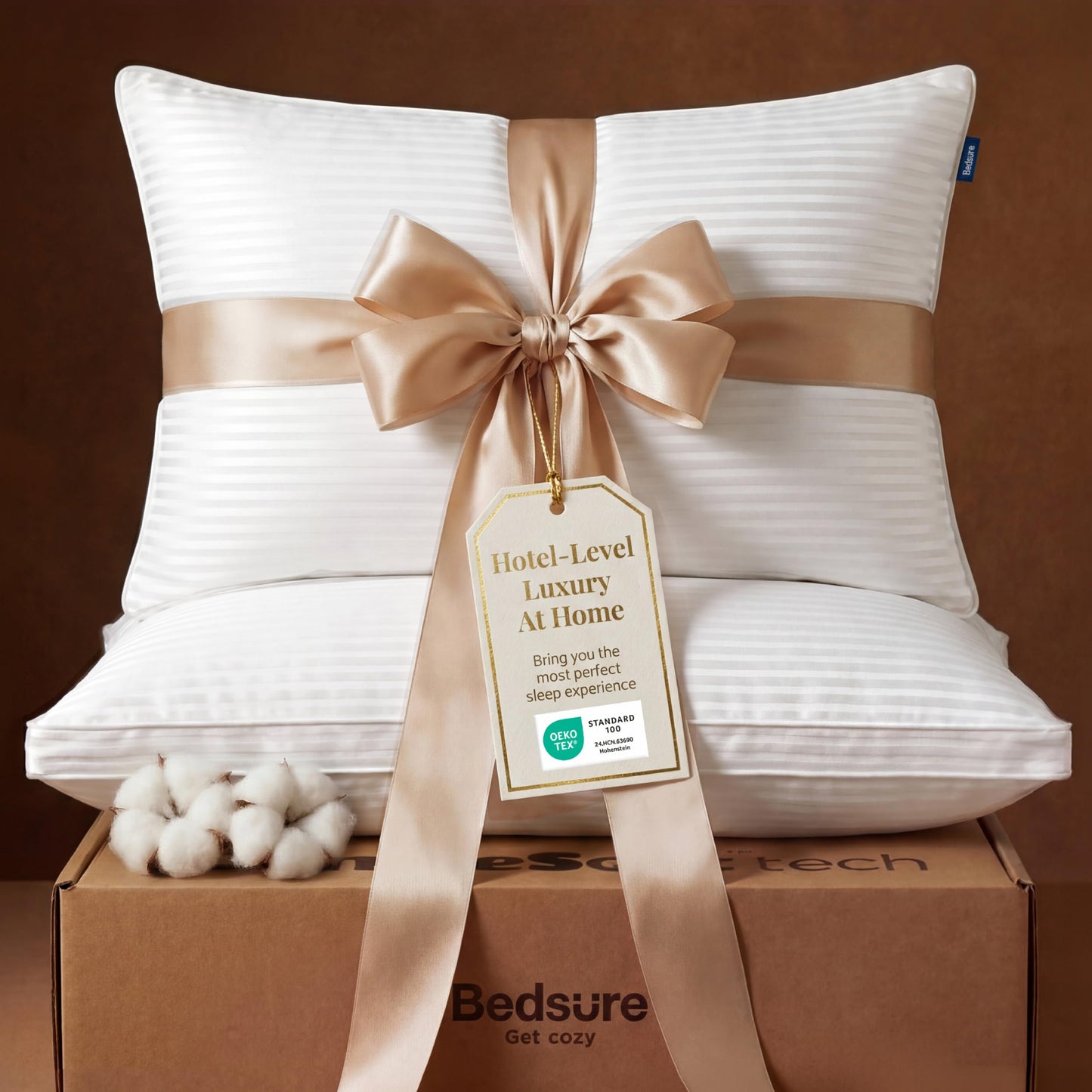 Bedsure Queen Size Bed Pillows Set of 2 - Hotel Quality Gusseted Down Alternative Pillow, 100% Cotton Cover PureWoven 300TC, Dual Chamber Fluffy Support Suitable for All Sleeping Positions