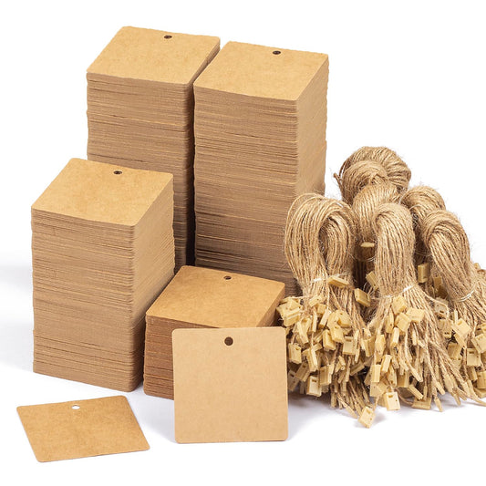 1000pcs Kraft Price Tags with 1000pcs Natural Jute Twine String, Blank Merchandise Tags for Small Business Retail and DIY Projects (2.4"X2.4",Brown)