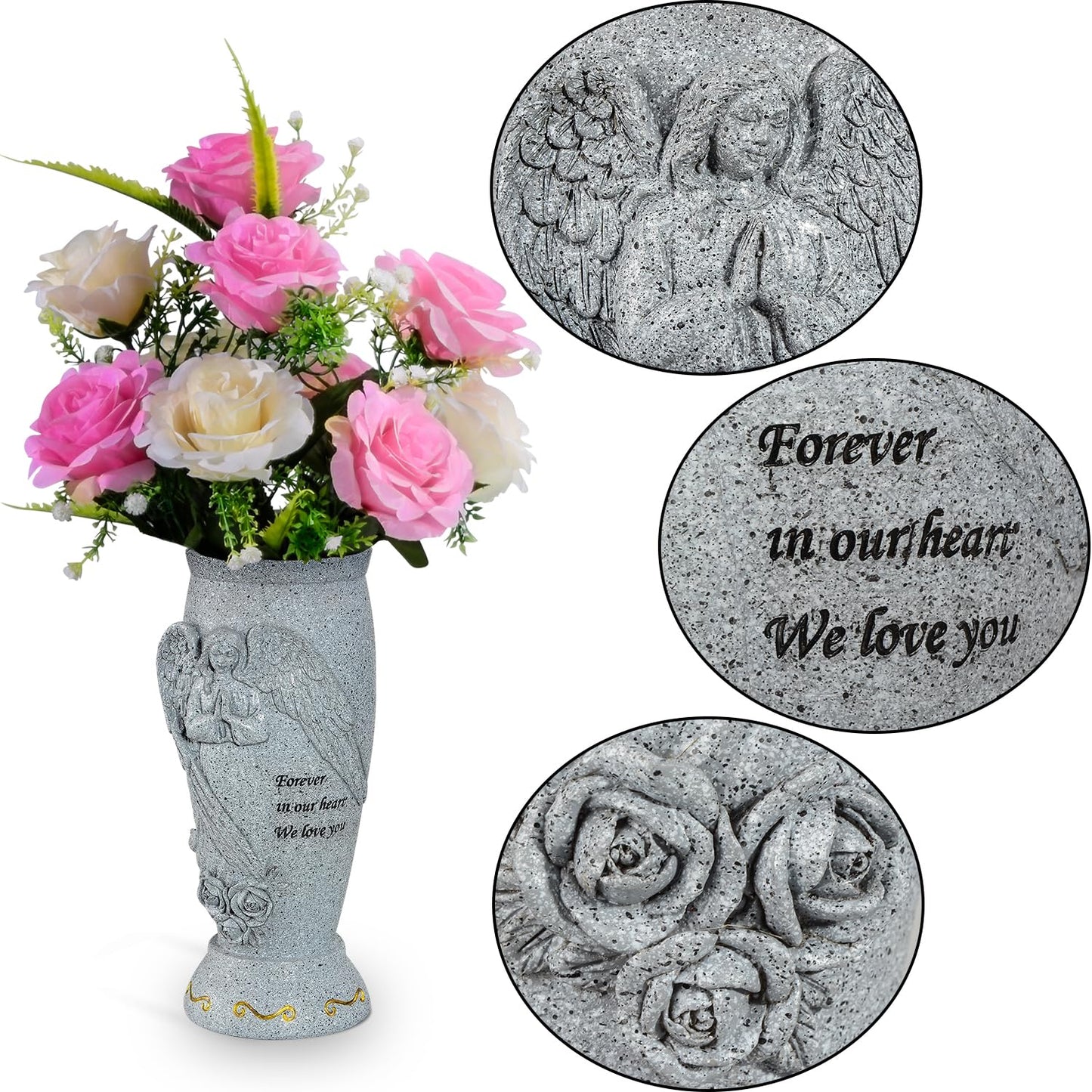 Cemetery Vase, Memorial Grave Vase with Ground Spikes, Angel Vases for Artificial Flowers, Grave Flowers Holder for Cemetery Headstone (2Pcs, Flowers are NOT Included)