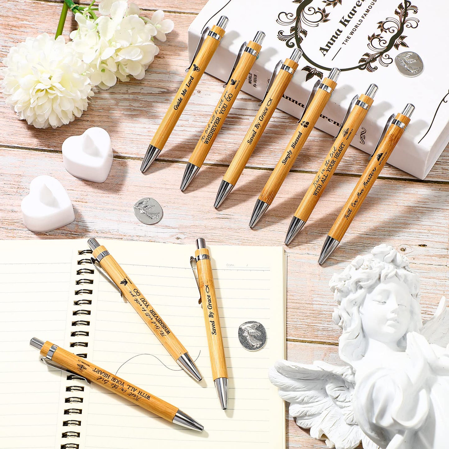 Roowest 100 Pcs Inspirational Bible Verse Bamboo Pens, Christian Ballpoint Pens for Employee Gifts, Journaling & Office Supplies – Black Ink with Velvet Pouches