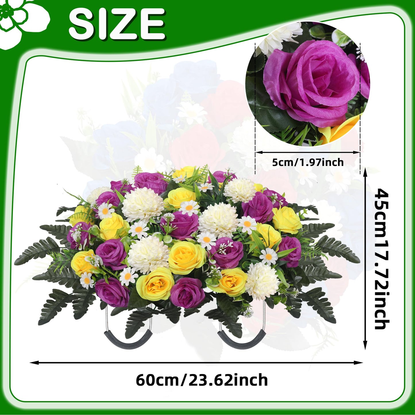 Wocst Headstone Flower Saddle,Large Artificial Cemetery Flowers for Grave Roses & Chrysanthemums Cemetery Memorial Flowers for Outdoor Grave Decorations (Purple)