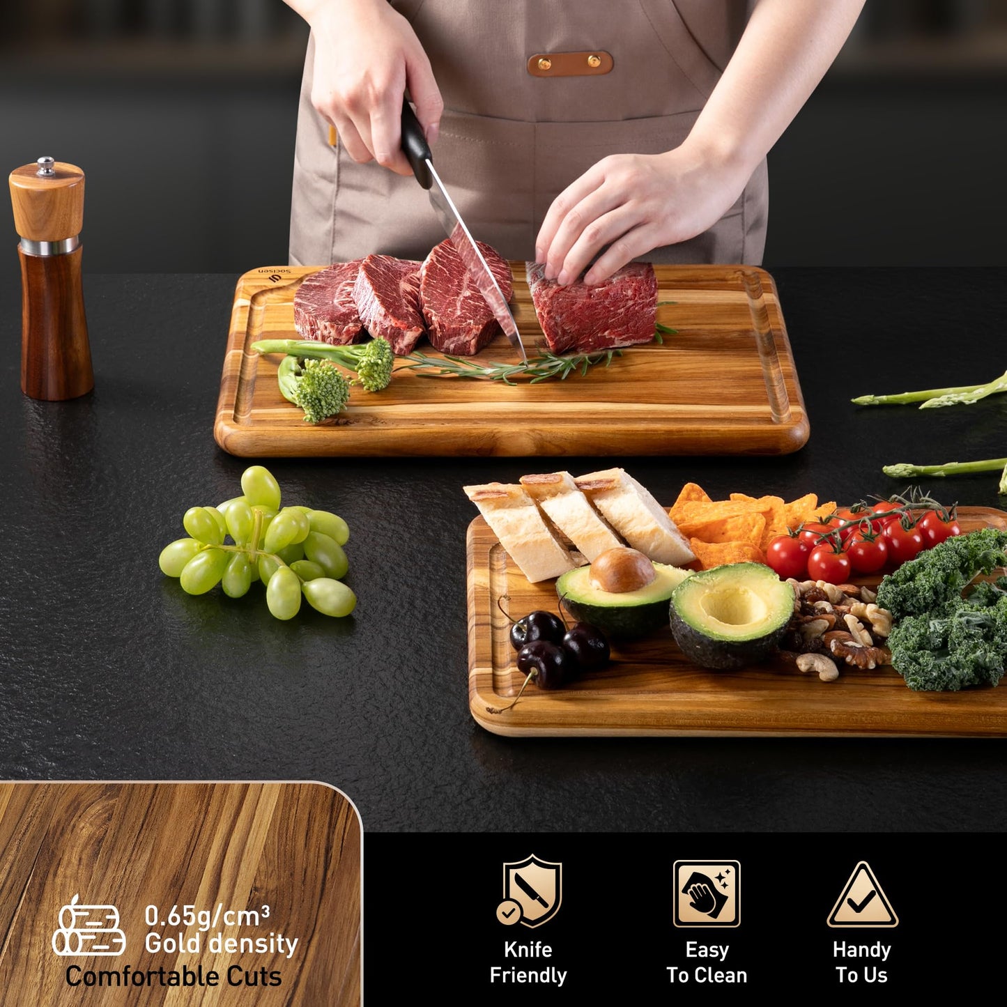 2 Pack Teak Cutting Board for Kitchen Wooden Chopping Board Charcuterie Board Non Slip Over Sink NOT Bamboo Stainless Steel Titanium Acrylic Acacia Olive Glass Plastic Silicone Metal