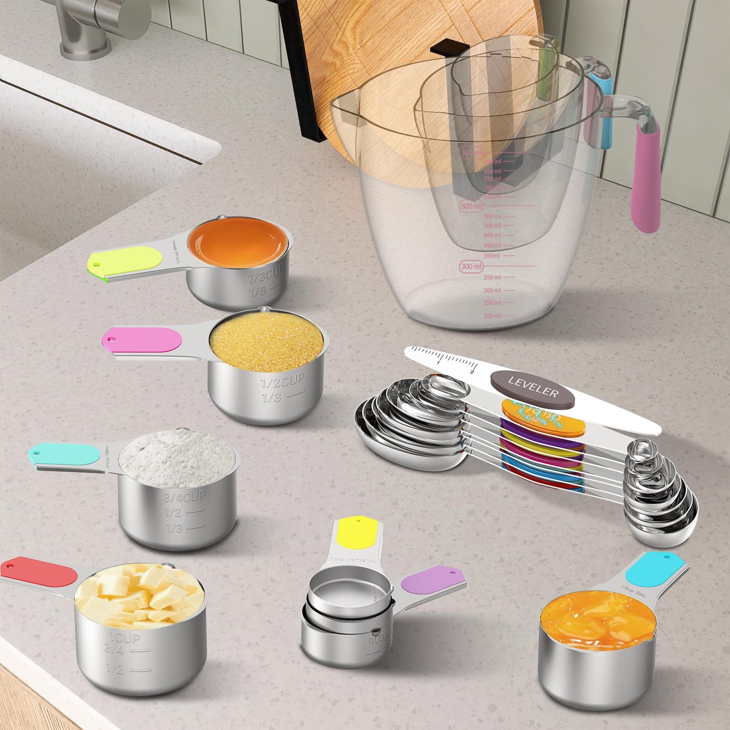 Minteem Magnetic Measuring Cups and Spoons Set, 5 Stainless Steel Measuring Cups for Dry and Liquid Ingredients, 7 Magnetic Measuring Spoons, 3 Plastic Measuring Cup with 1 Measuring Conversion Chart
