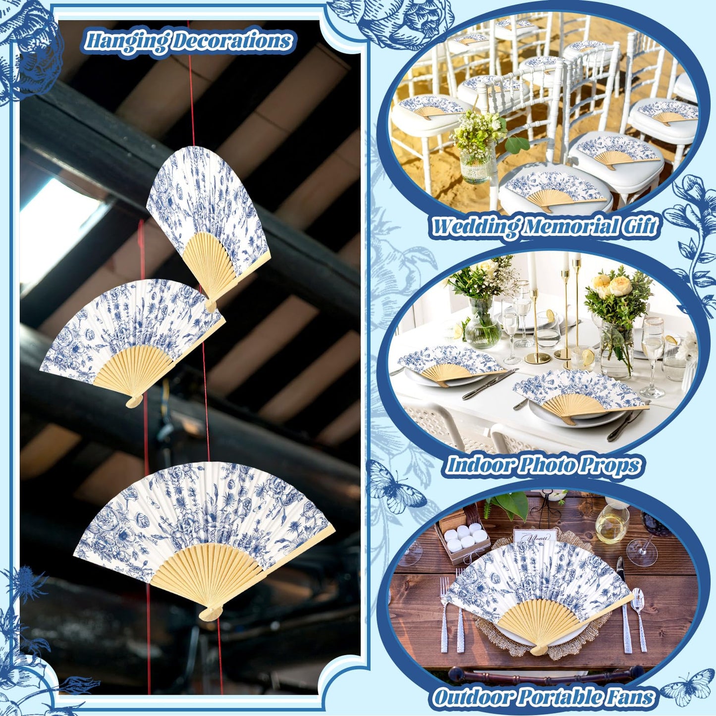 Vercraft 50 Sets Folding Hand Fans with Organza Bags Bulk, Paper Fans for Wedding Guests, Bridal Shower Party Favors, Summer Handheld Bamboo Fan Bridesmaid Gifts (Blue Floral)
