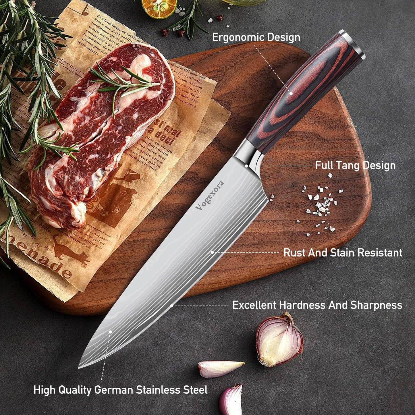 Vorgexora 5 Pcs Chefs Kitchen Sharp Knife Set - Japanese Professional Cooking Cutting Knives for Meat Vegetable Bread and Paring, High Carbon Stainless Steel Santoku