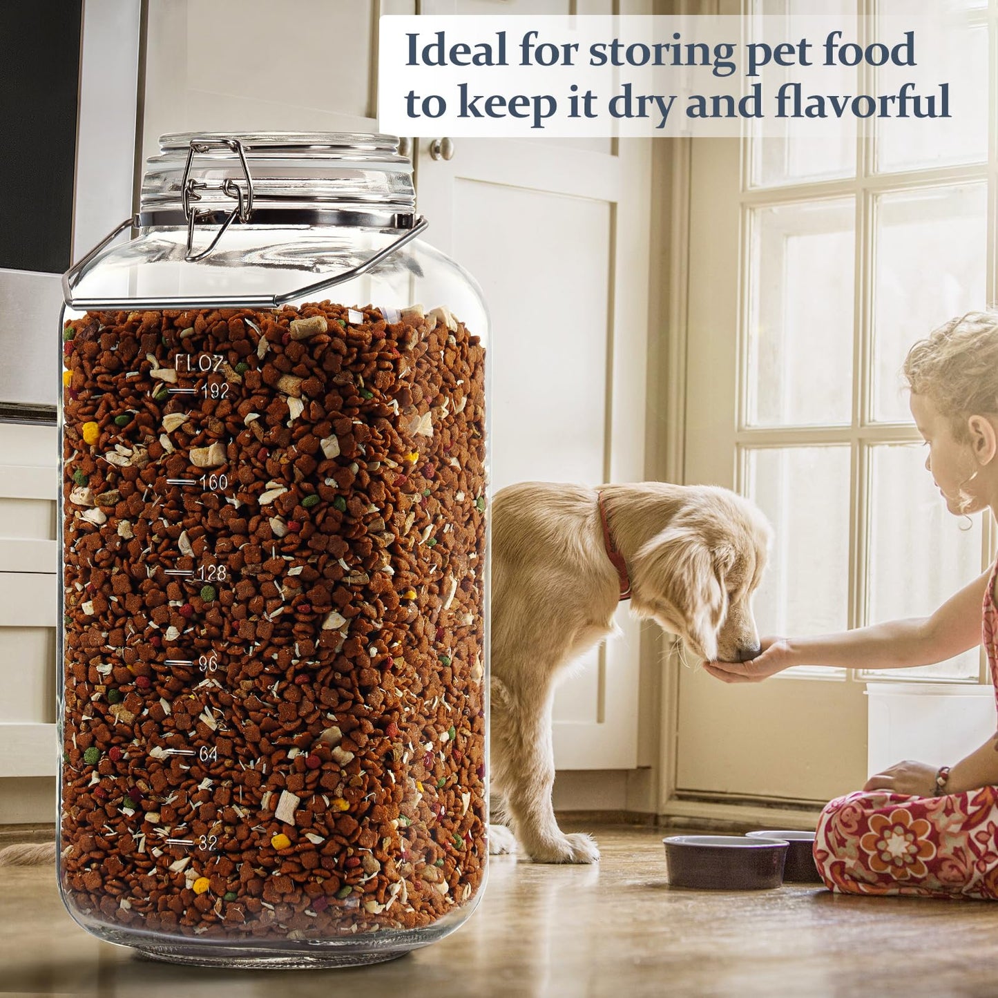 [Upgrade] 2 Gallon Glass Jars with Airtight Lids, 7400 ml Large Wide Mouth Glass Mason Jars with Stainless Steel Handle, Big Storage Jars with Lids, 2 Scale Markings Cereal Containers Storage