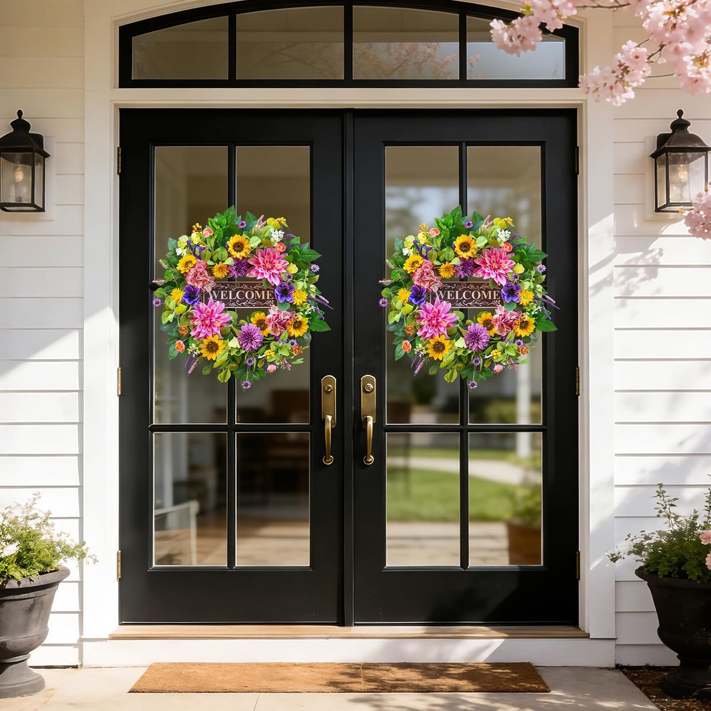 Spring and Summer Wreaths for Front Door 24 Inch Summer Wreath with Lifelike Sunflower,Pink and Purple Dahlia Spring Door Wreath with Welcome Sign,Outdoor Decor