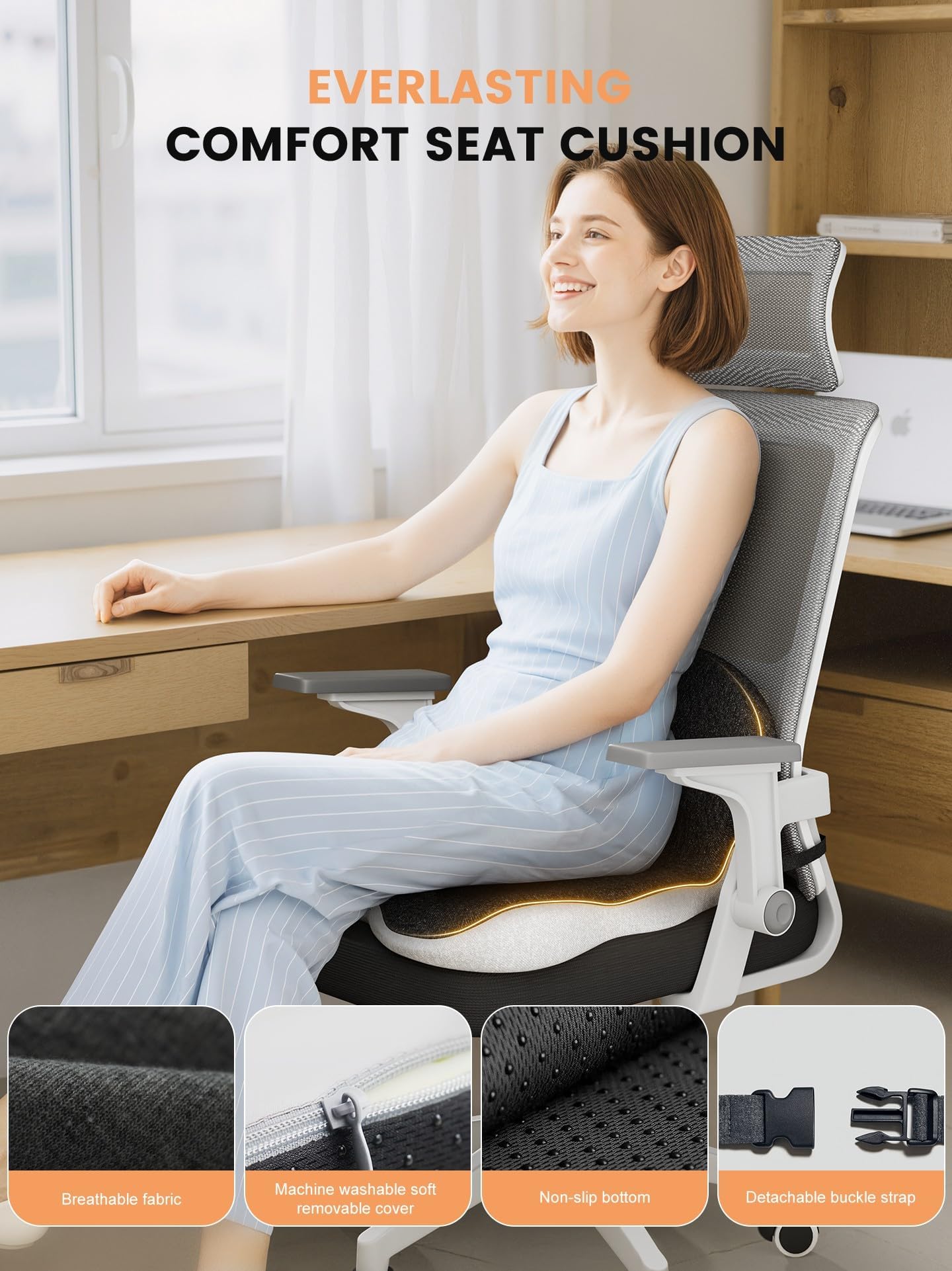 QEGOON Office Chair Seat Cushion for Long Sitting Workers - L-Shaped Ergonomic Memory Foam with Tailbone Support & Adjustable Strap