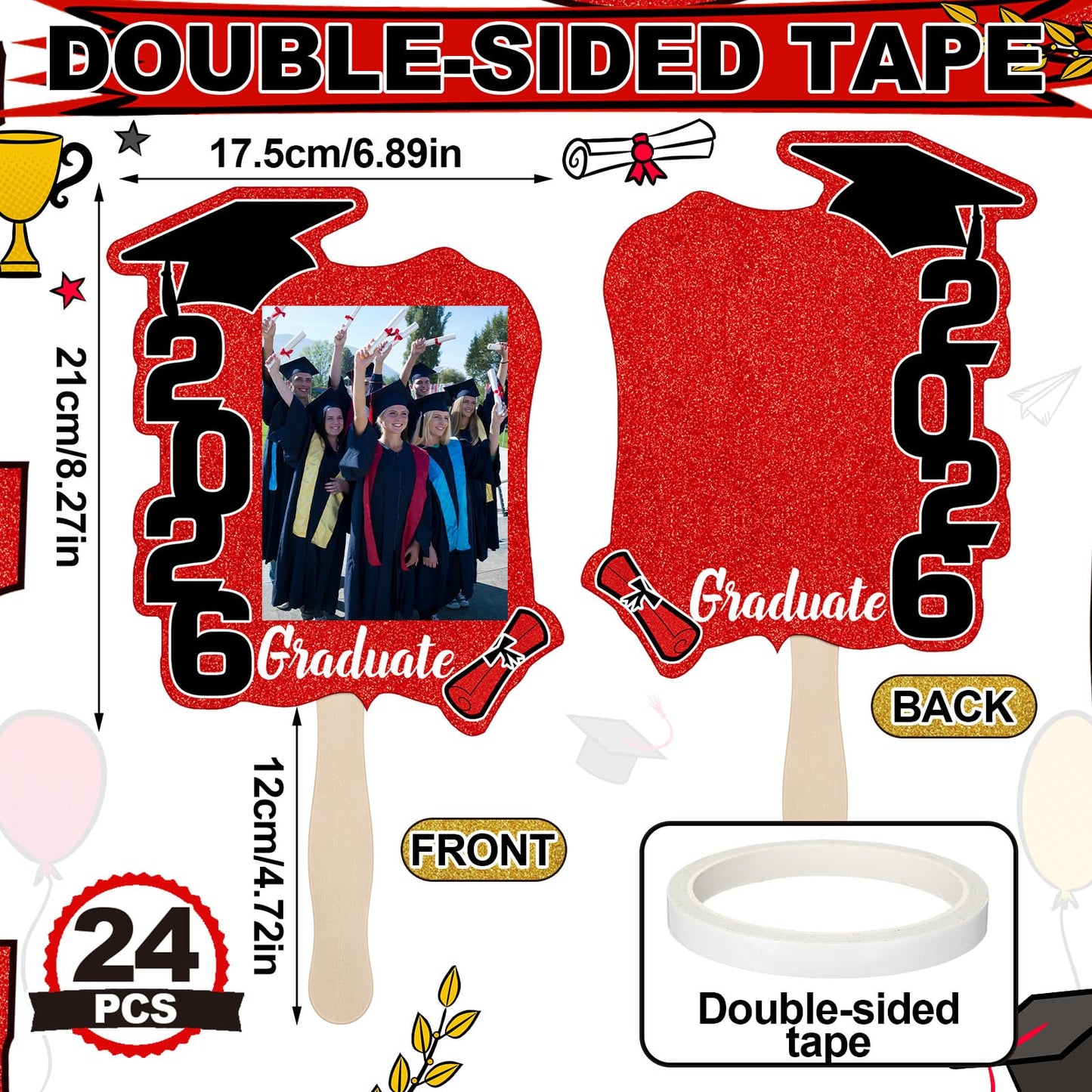 24 Pcs Graduation Cutout Face Fans with Handle Double Sided Personalized Grad Party Supplies Class of 2026 Grad Photo Props Blank DIY Photo Frame Graduation Party Souvenirs(Classic,Red)