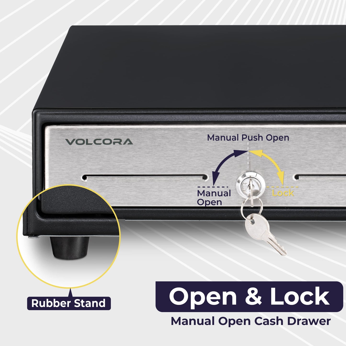 Volcora 13" Manual Push Open Cash Register Drawer for Point of Sale (POS) System - Black with Stainless Steel Front Touch Panel - with 4 Bills and 5 Coin Slots, Fully Removable Money Tray