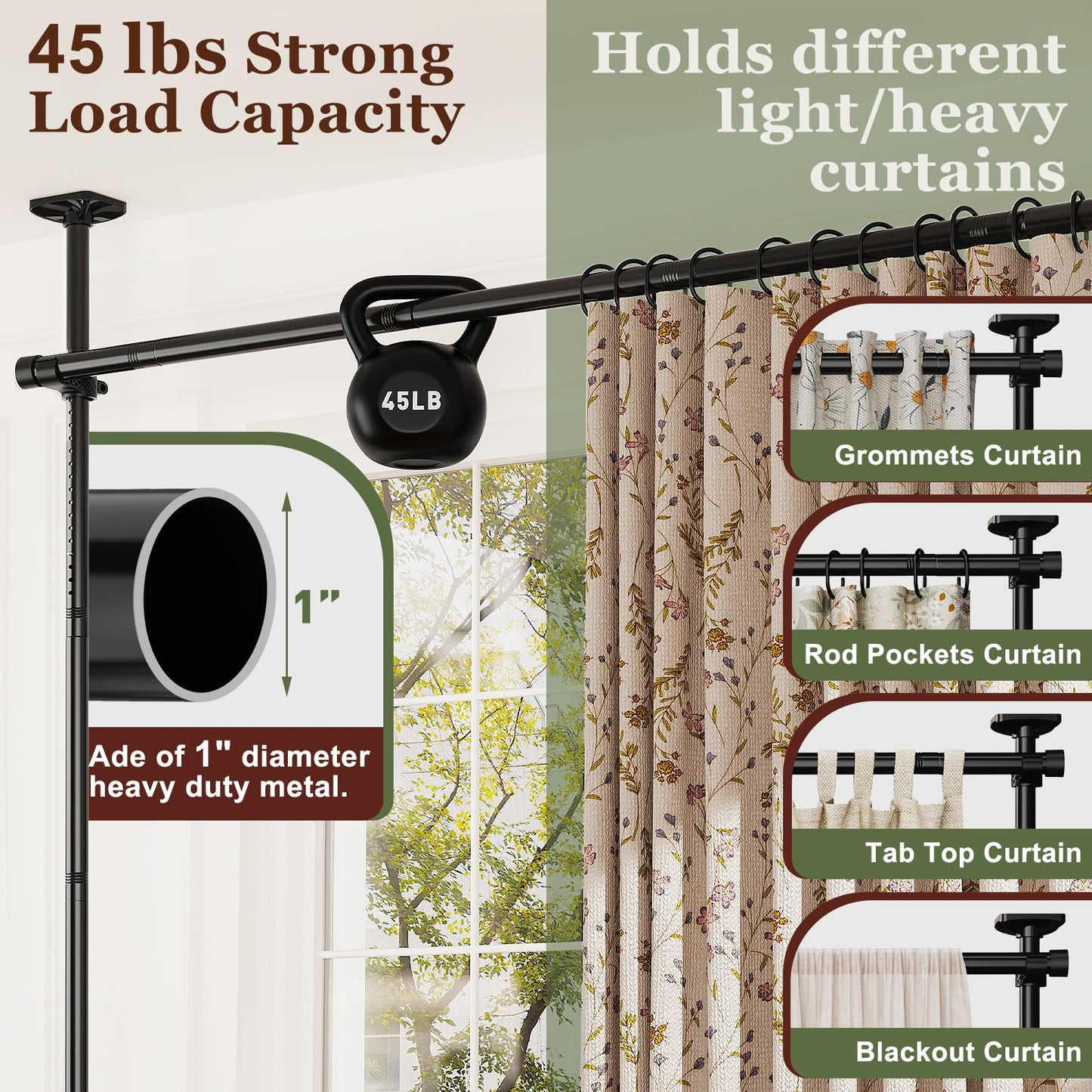 Goovilla Room Divider for Room Separation, Tension Curtain Rods No Drilling, 4-10ft(H) 28-70inch(W) Adjustable Temporary Privacy Wall Divider, Heavy Duty Freestanding Space Partition Separator, Black