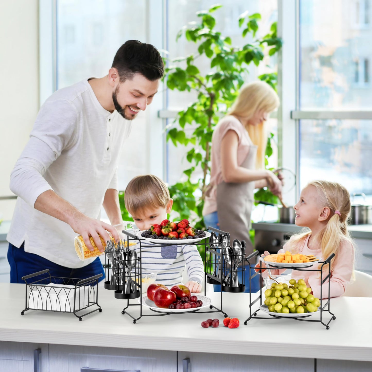 Sorbus® Buffet Caddy — 7-Piece Stackable Set Includes Plate, Napkin, and Silverware Holder, 3-Tier Detachable Tabletop Organizer — Ideal for Kitchen, Dining, Entertaining, Parties,Thanksgiving (Black)