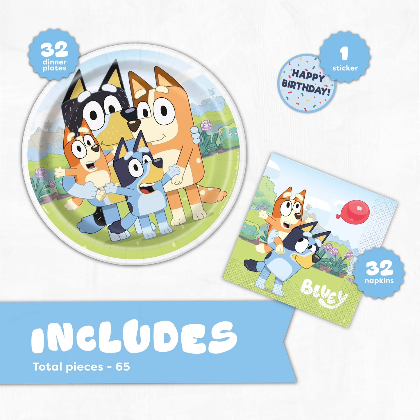 Bluey Plates and Napkins for 32 Guests | Bluey Birthday Decorations for Party | Officially Licensed