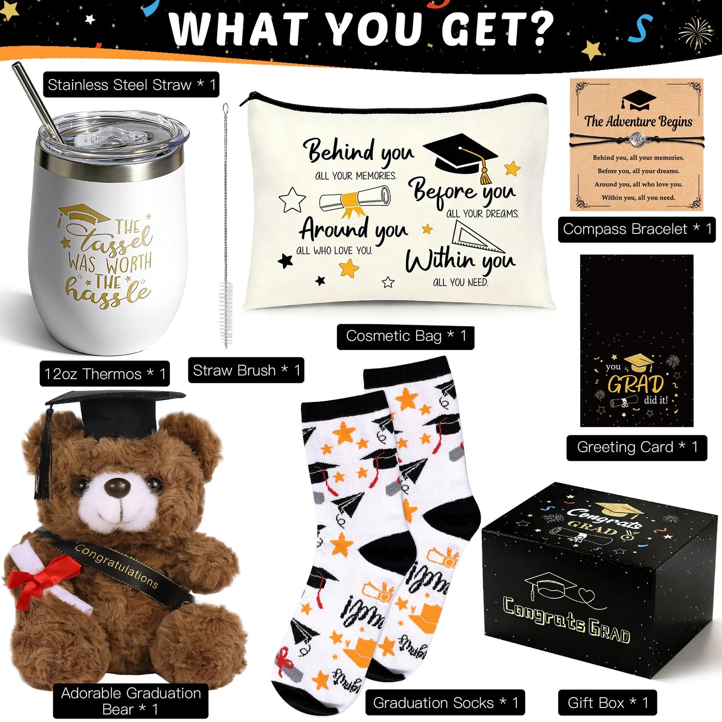 U-Zomir Graduation Gifts for Her, College & High School Graduation Gifts for Women with Plush Bear Bracelet Socks Greeting Card and Tumbler, Class of 2026 Graduates Gifts Box Set