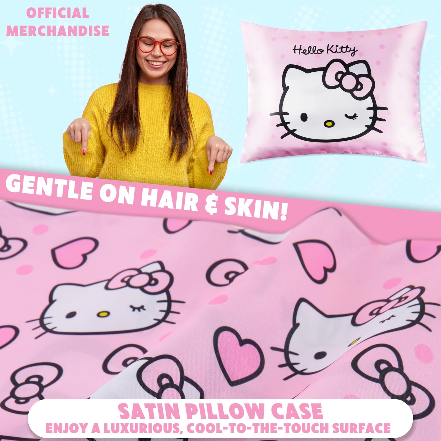 Hello Kitty Satin Pillowcase for Hair Skin Benefits, 19”x26” Soft and Cooling Pillowcase with Zipper, Gifts for Women Girls Teens Wife Girlfriend